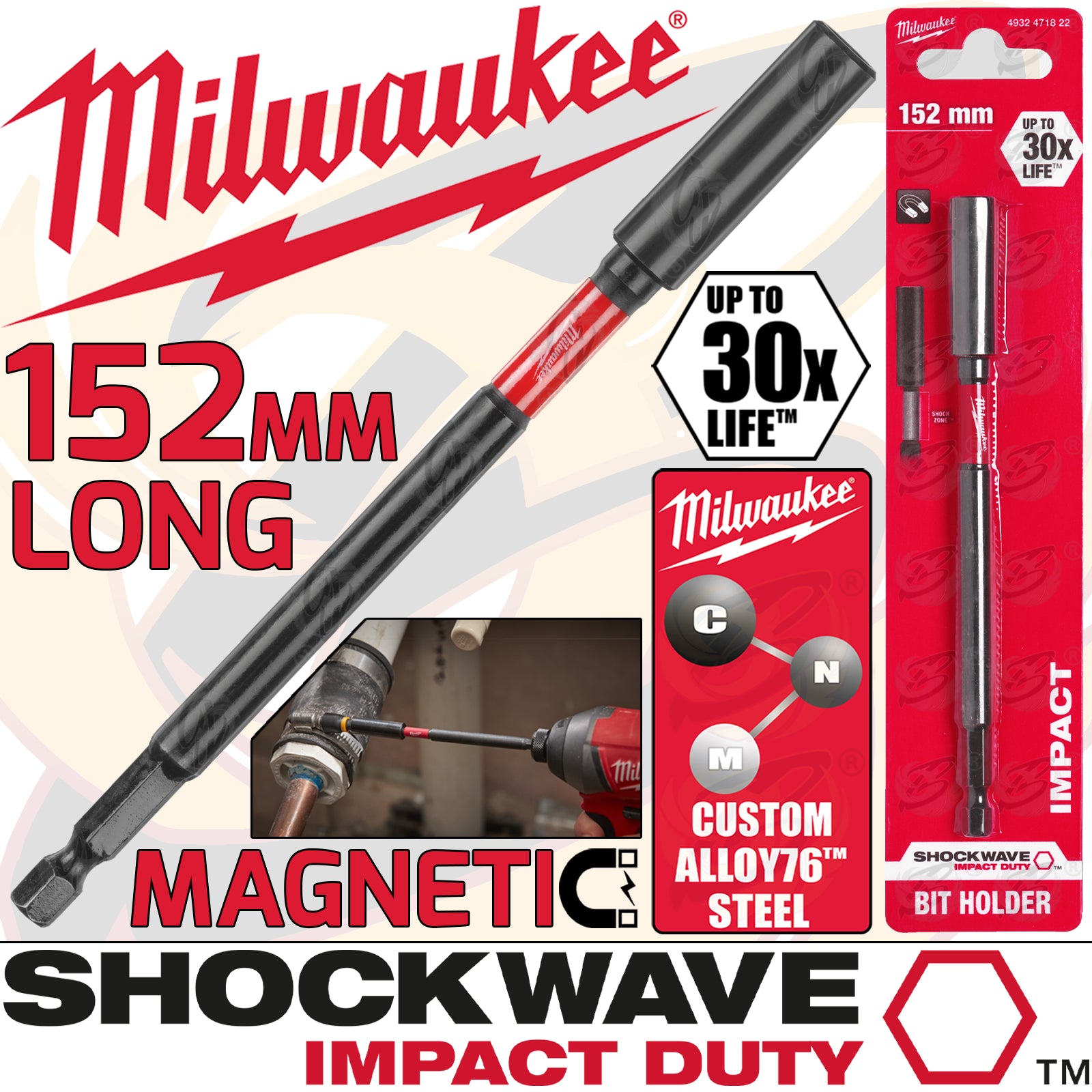 MILWAUKEE 152MM MAGNETIC BIT HOLDER ( SHOCKWAVE IMPACT DUTY )