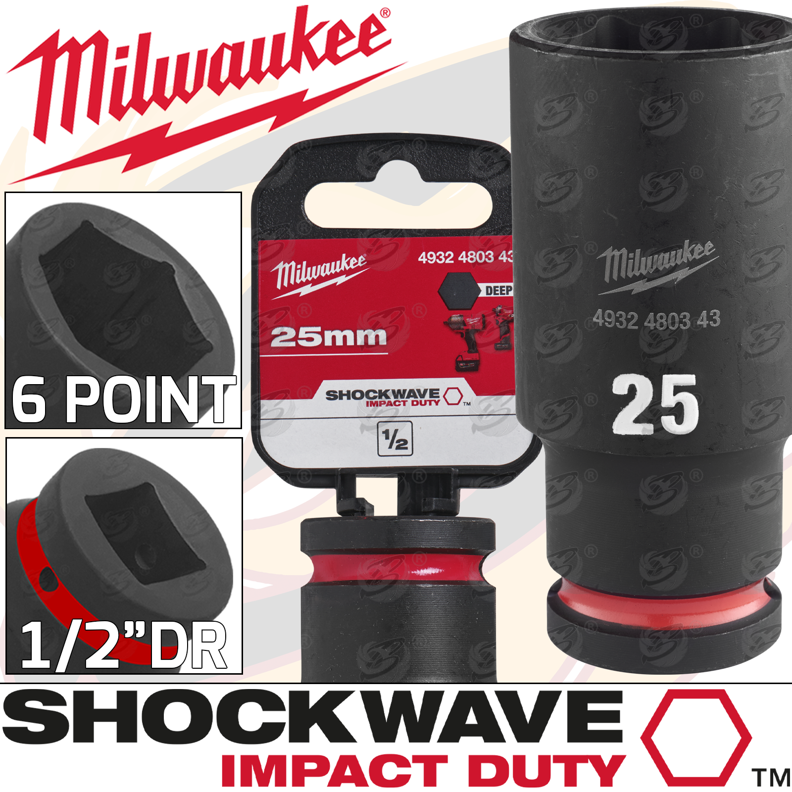 Milwaukee 25mm 1/2" Drive 6 Point Deep Impact Socket ( Single ) ( 4932480343 )