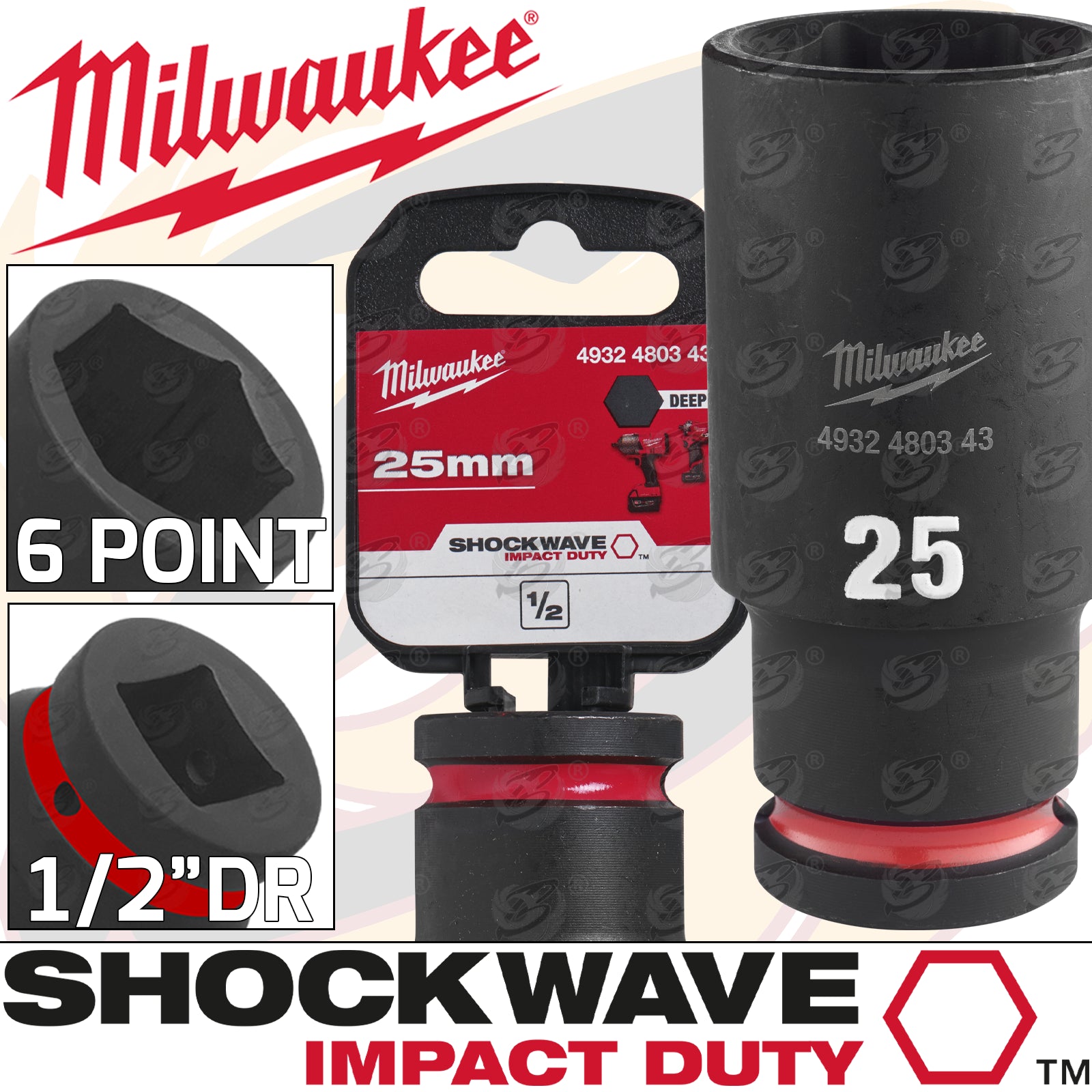 MILWAUKEE 25MM 1/2" DRIVE 6 POINT DEEP IMPACT SOCKET ( SINGLE )