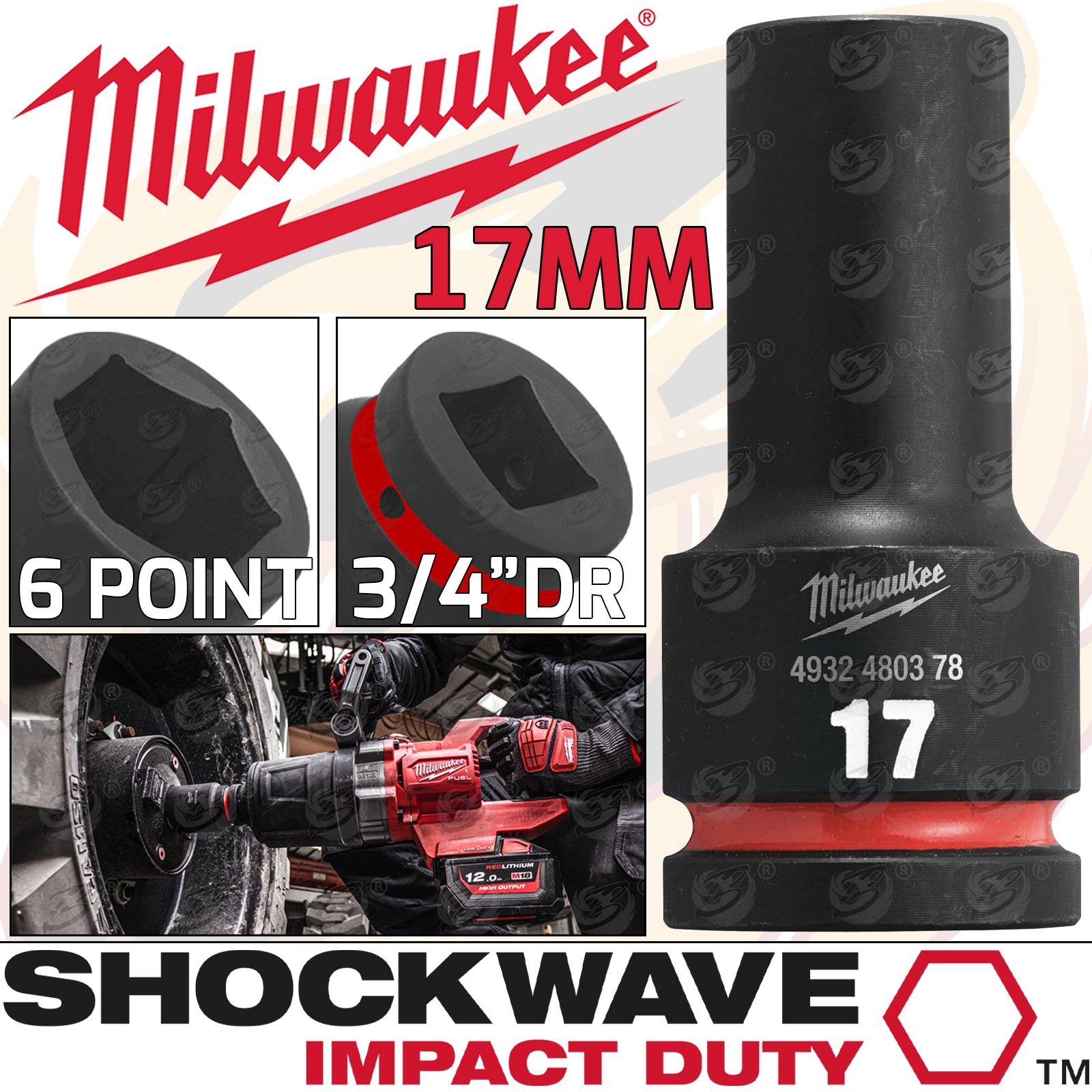 MILWAUKEE 17MM 3/4" DRIVE 6 POINT DEEP IMPACT SOCKET ( SINGLE )