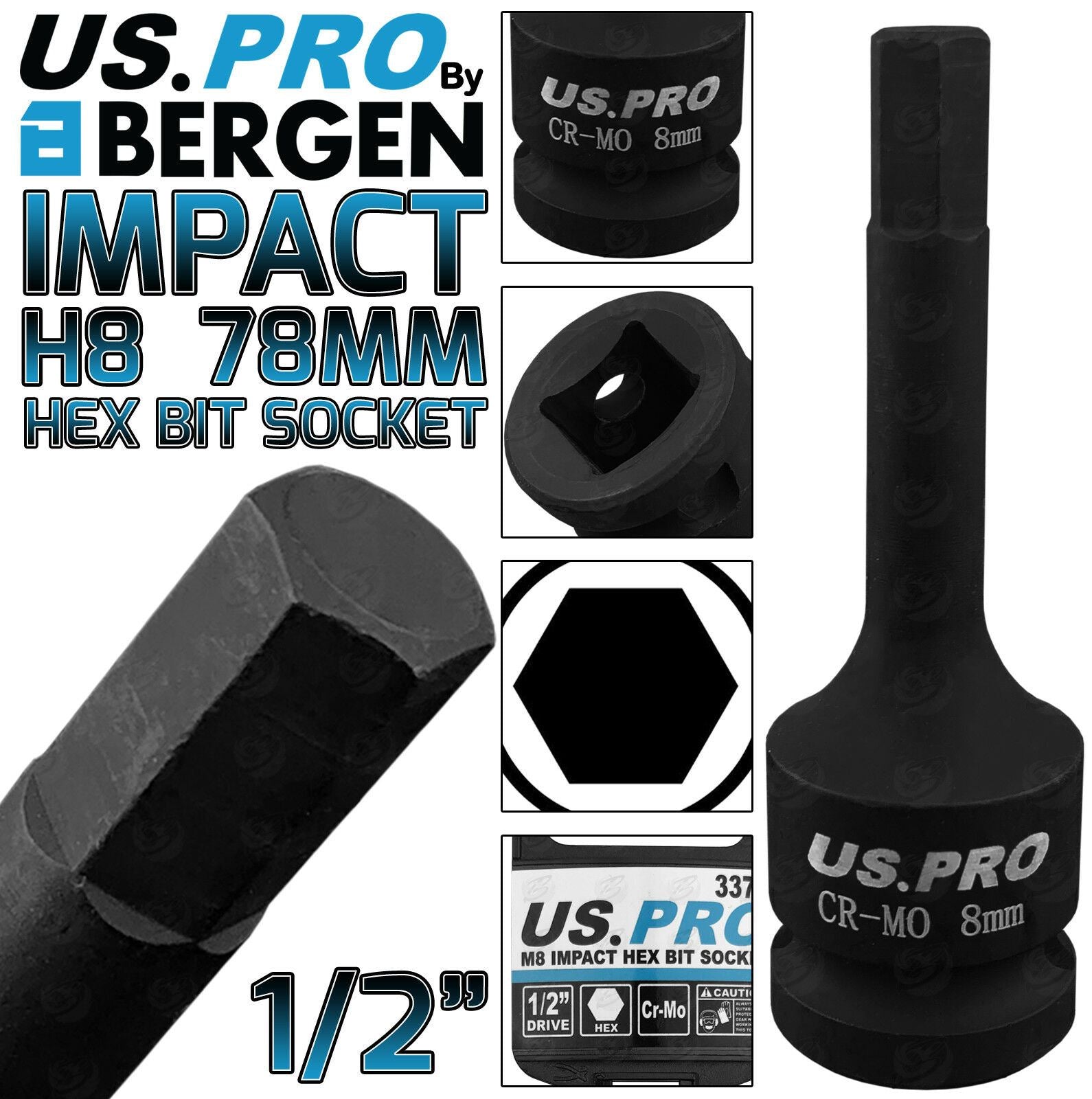 US PRO H8 1/2" DRIVE 78MM LONG IMPACT HEX BIT SOCKET ( SINGLE )