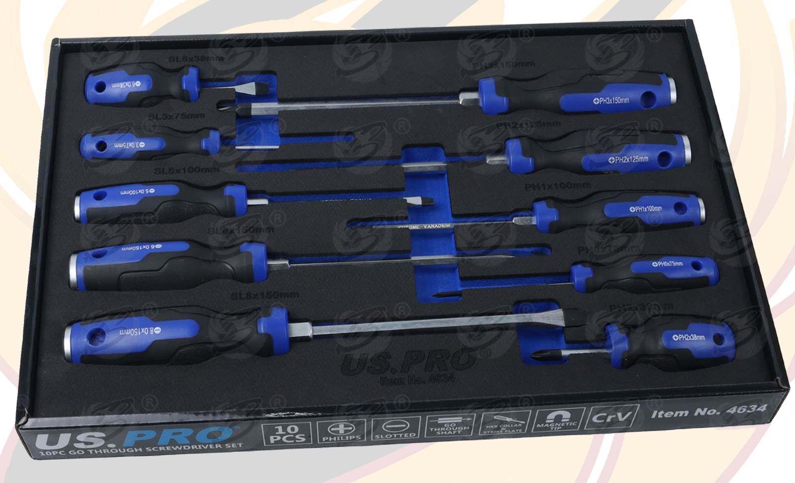 US Pro 10 Piece Go Through Screwdriver Set PH & SL ( 4634 )