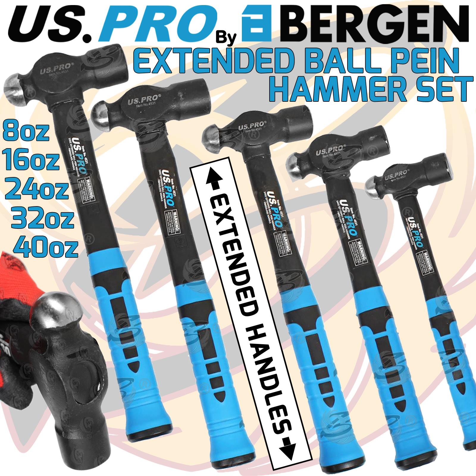 US Pro 5 Piece Extended Ball Pein Hammer Set 8Oz - 16Oz - 24Oz - 32Oz - 40Z 4531