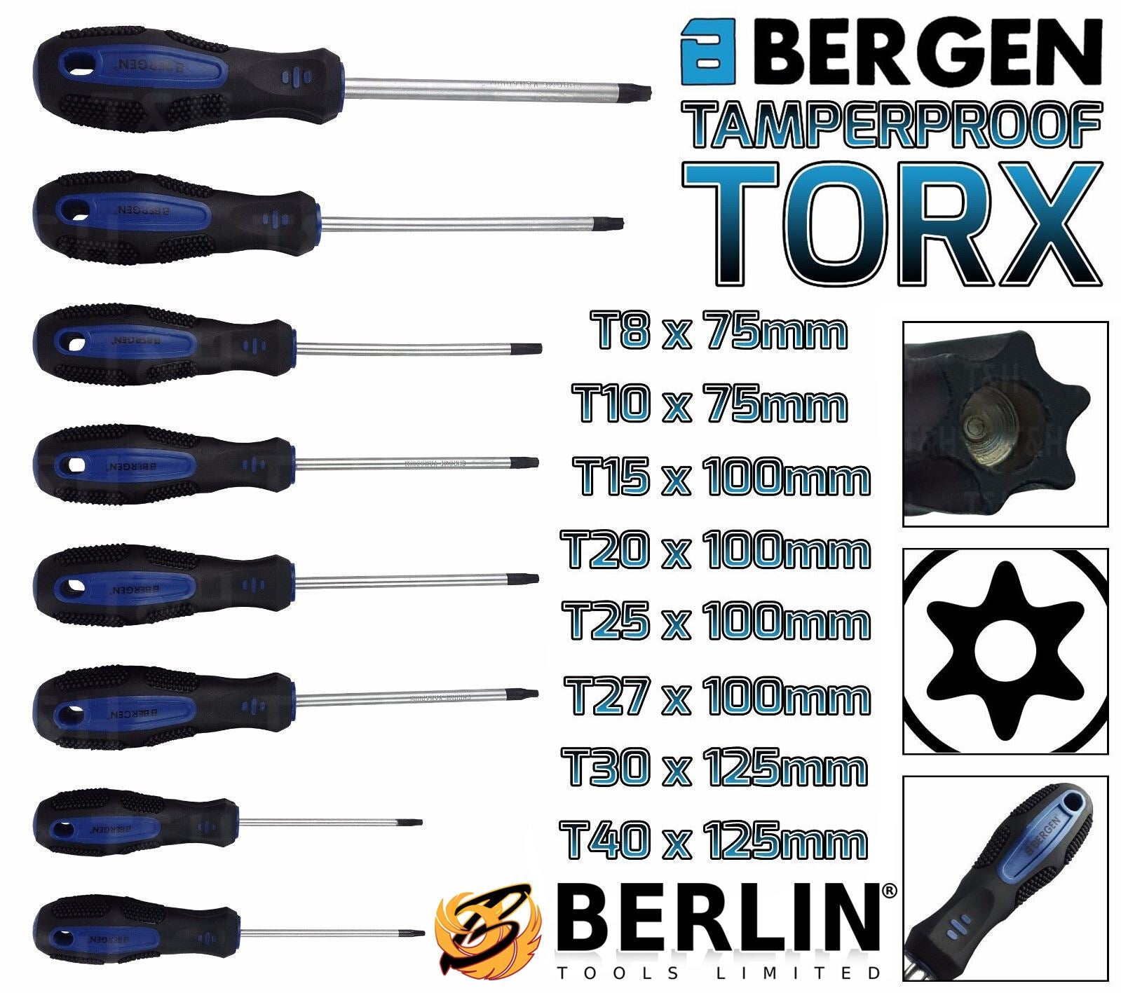 US Pro 8 Piece Magnetic Tamperproof Torx Screwdrivers T8 - T40 1608