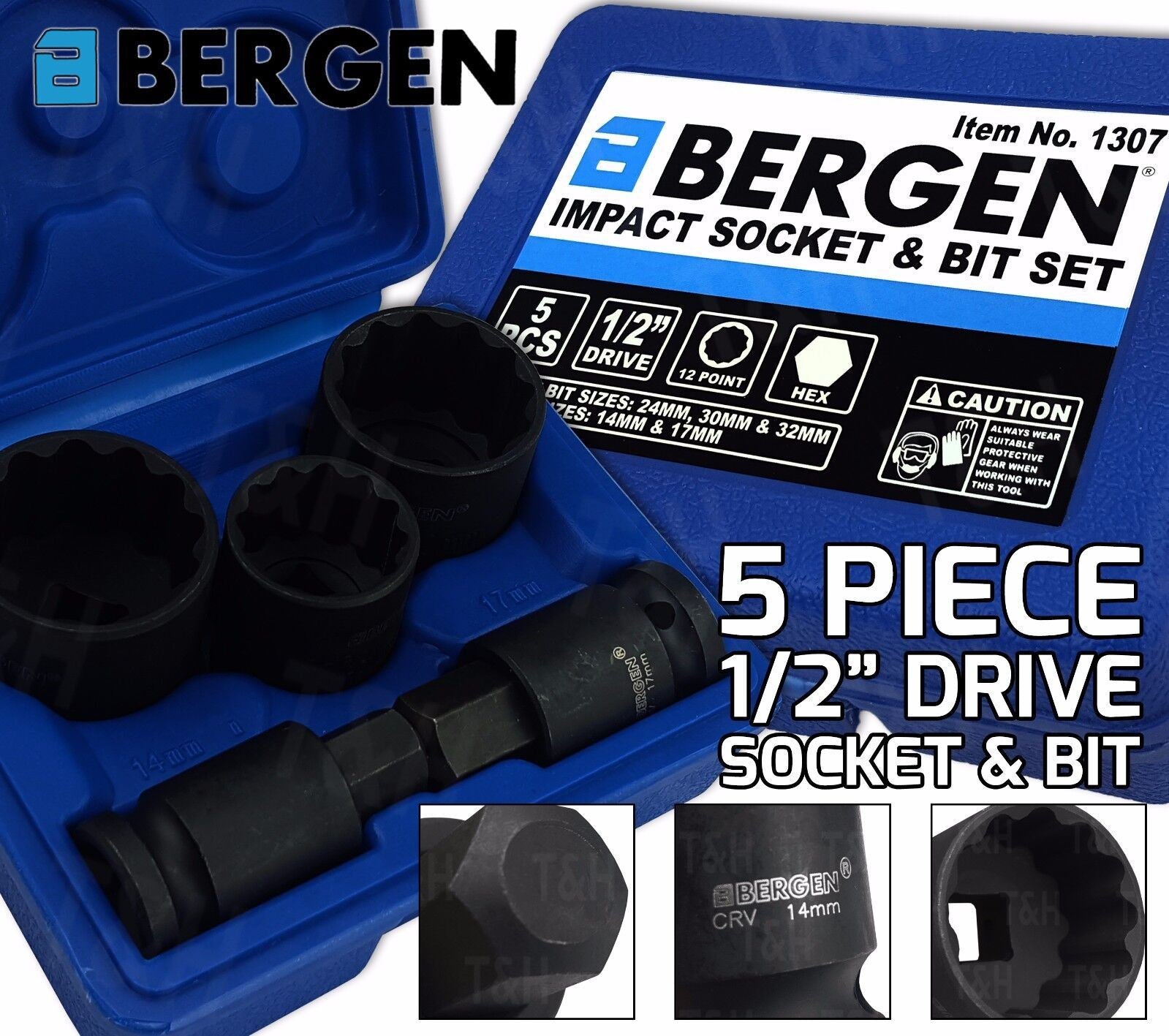 US Pro 5 Piece 1/2" Drive 12 Point Impact Sockets, Bits, Adaptors, Extension Bars 24mm - 32mm & H14 - H17 2085
