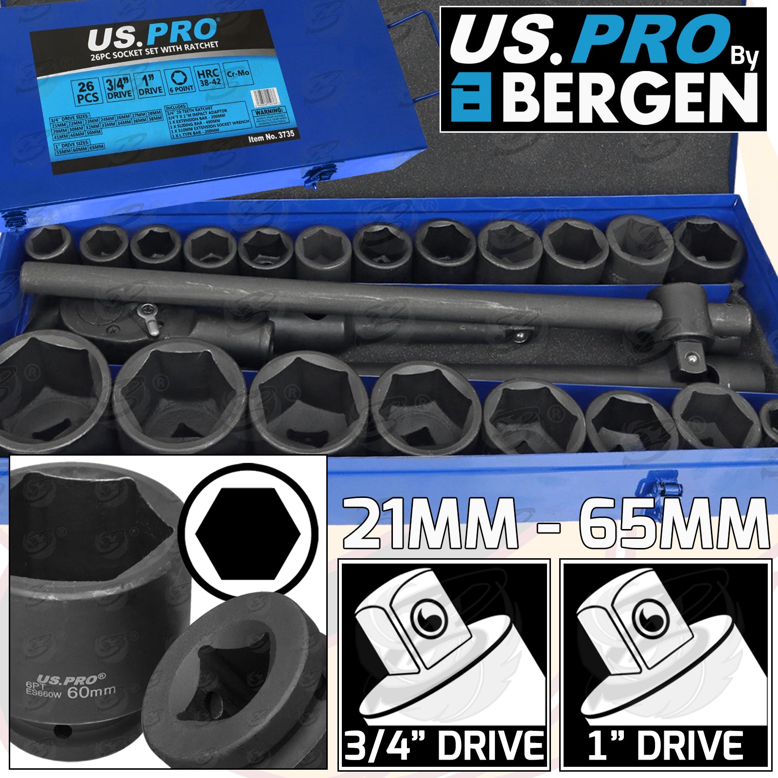 US PRO 26PCS 3/4" & 1" DRIVE 6 POINT IMPACT SOCKET SET 21MM - 65MM