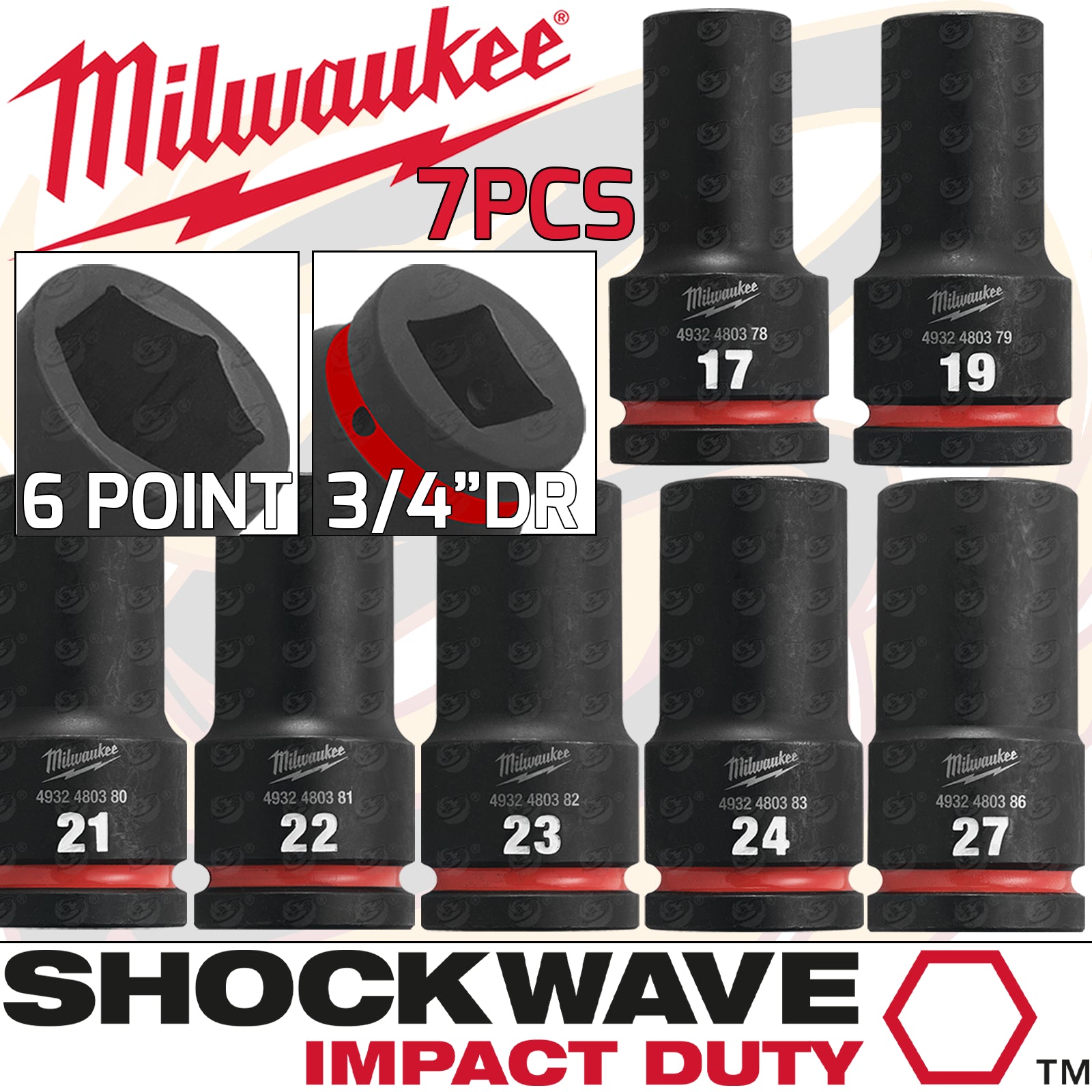 MILWAUKEE 7PCS 3/4" DRIVE 6 POINT DEEP IMPACT SOCKETS 17MM - 27MM