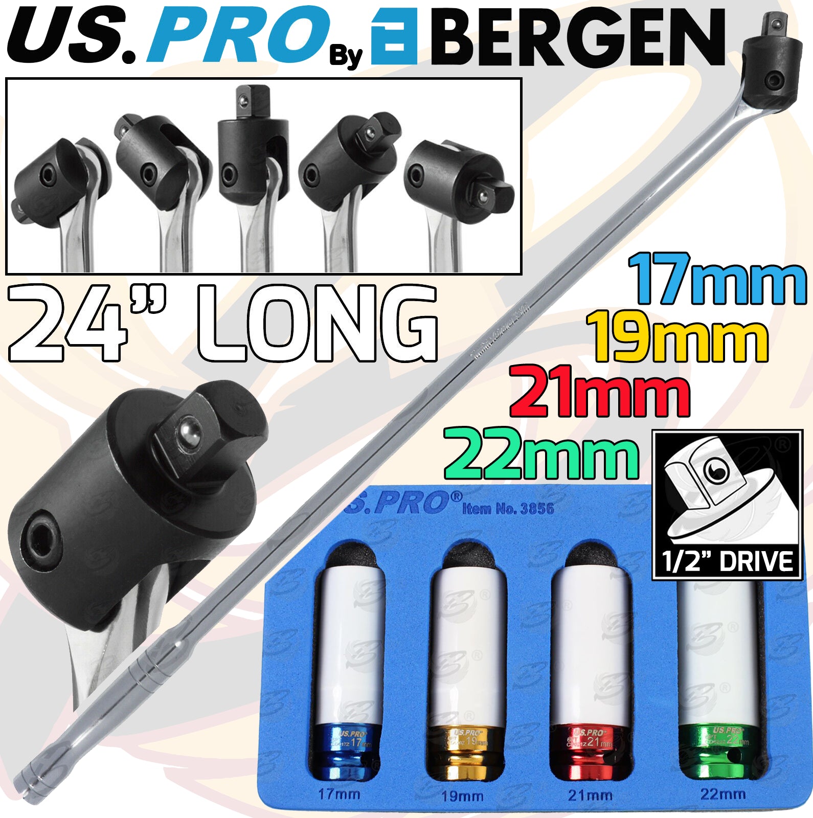 US PRO 1/2" DRIVE 24" LONG BREAKER BAR & 4PCS 6 POINT ALLOY WHEEL NUT SOCKETS 17MM - 22MM