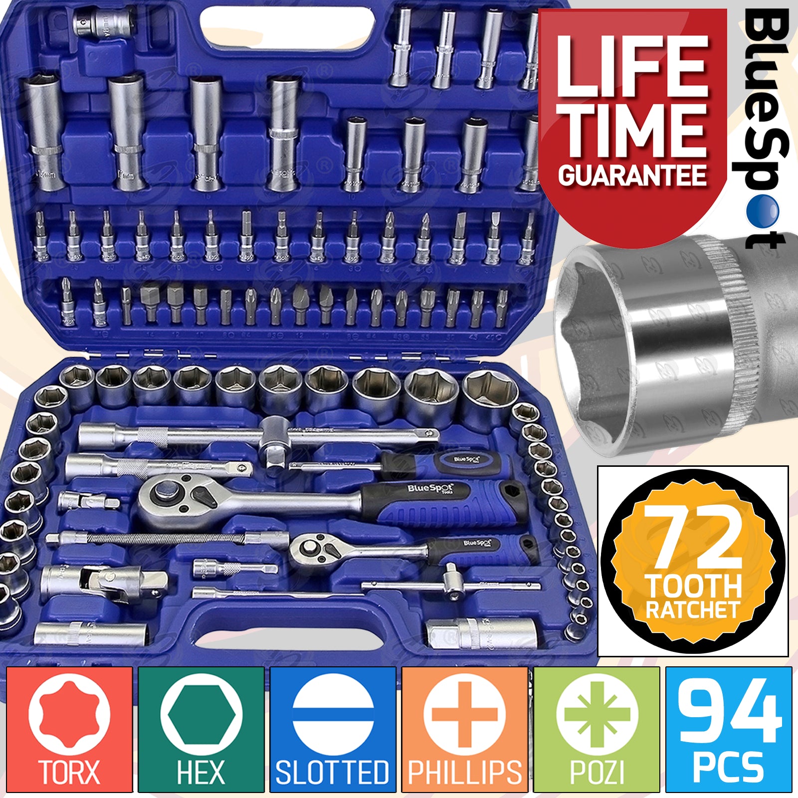 BLUESPOT 94PCS 1/4" & 1/2" DRIVE 6 POINT SOCKET SET