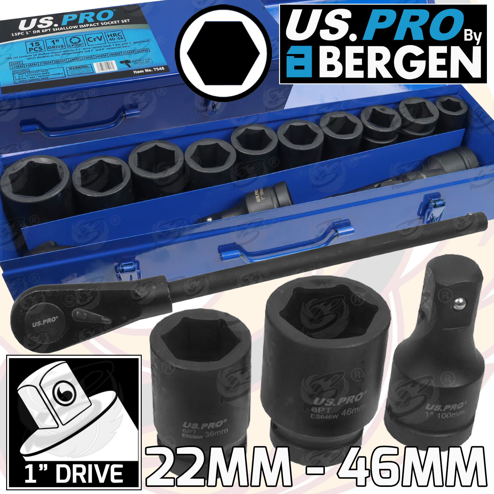 US Pro 15 Piece 1" Drive 6 Point Impact Socket Set 22mm - 46mm ( 7545 )