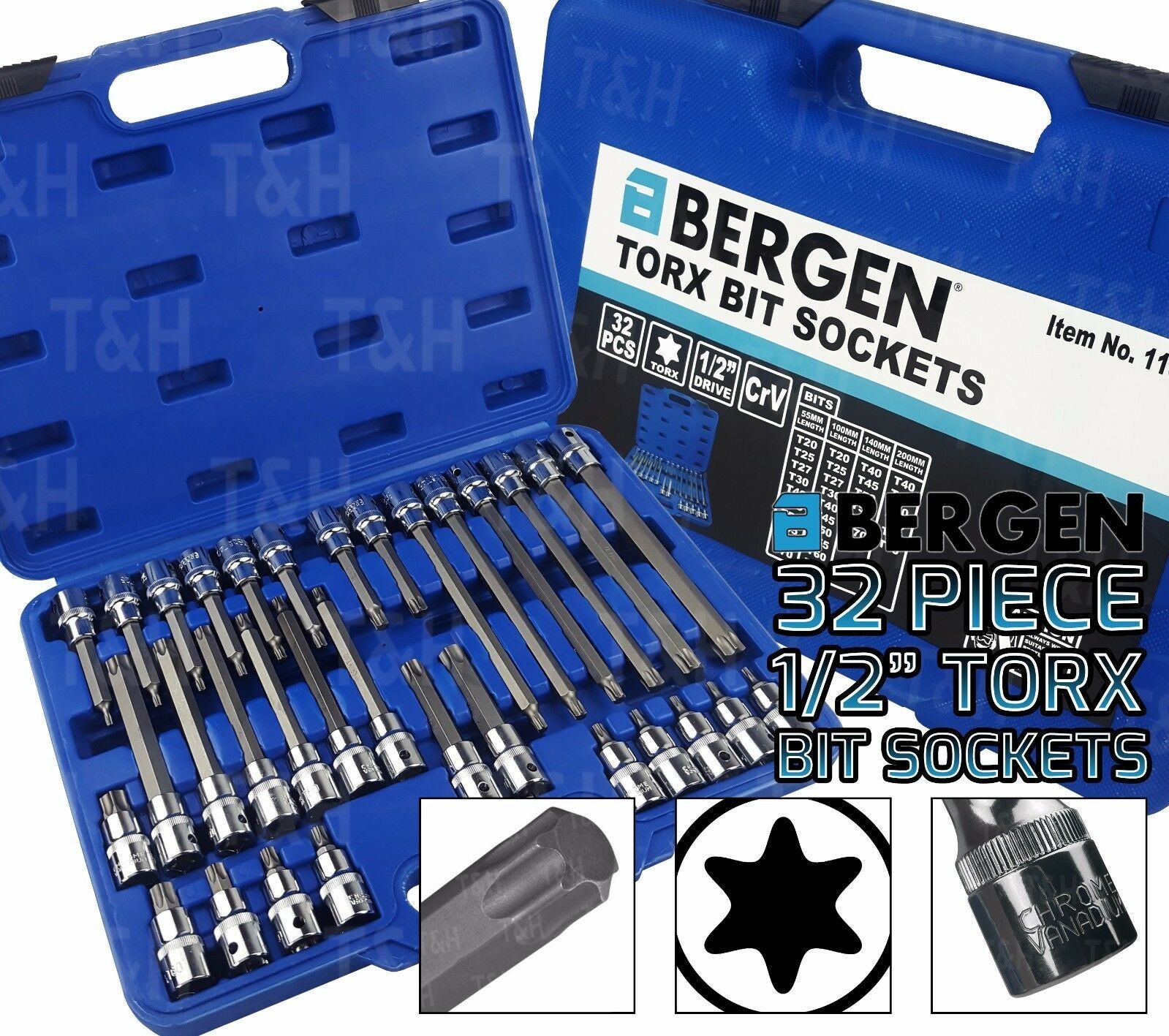 BERGEN 32PCS 1/2" DRIVE TORX BIT SOCKETS T20 - T70