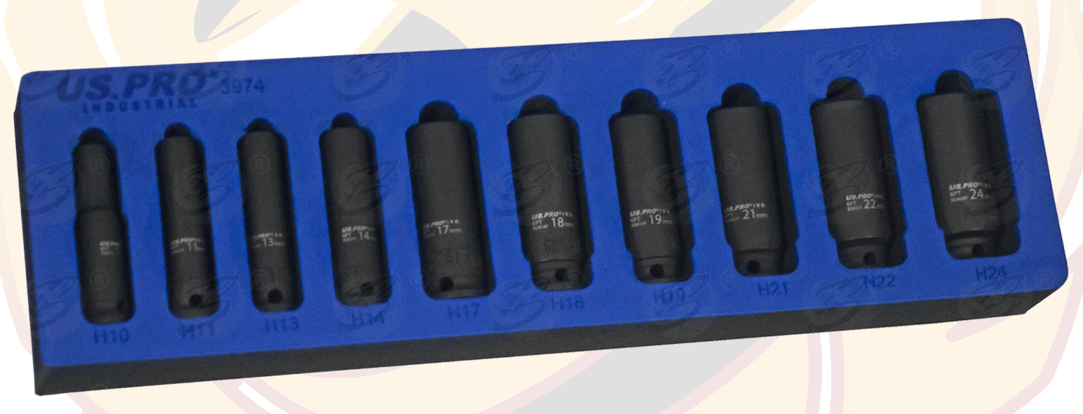 US PRO INDUSTRIAL 10PCS 3/8" DRIVE 6 POINT DEEP IMPACT SOCKETS 10MM - 24MM