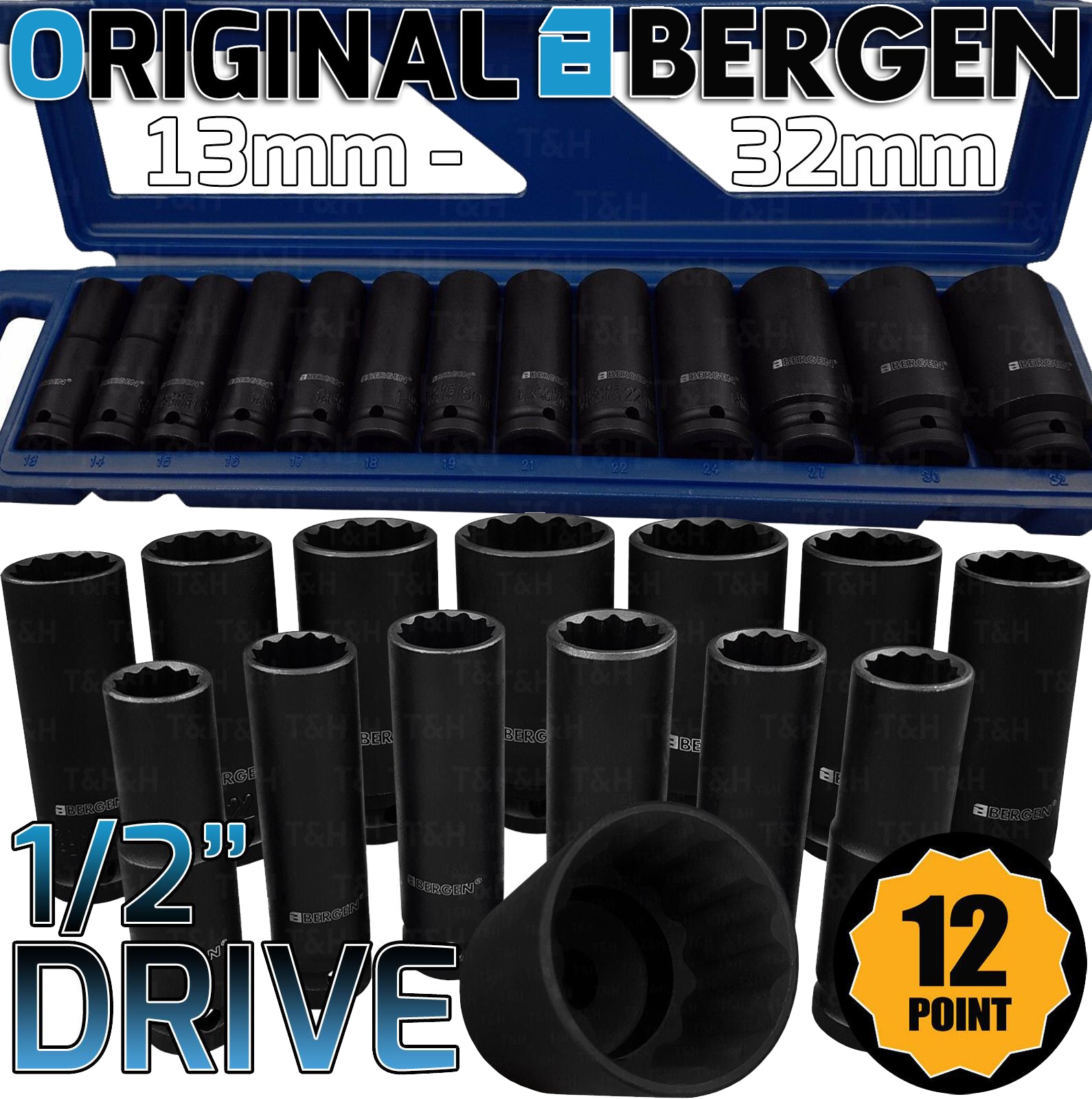 BERGEN 13PCS 1/2" DRIVE 12 POINT DEEP IMPACT SOCKETS 13MM - 32MM