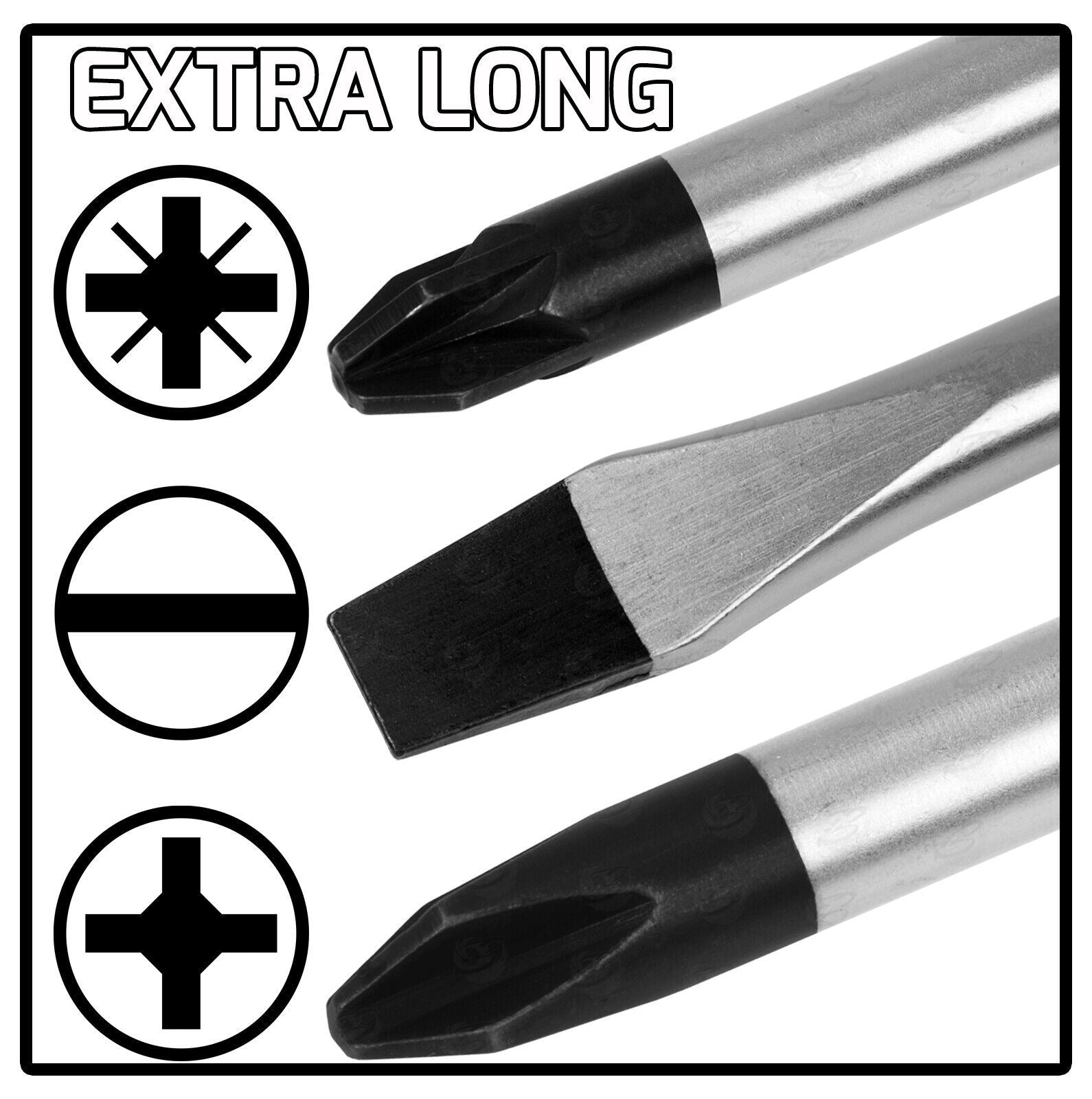 US PRO 3PCS EXTRA LONG MAGNETIC SCREWDRIVERS ( SLOTTED - PHILLIPS - POZIDRIVE )