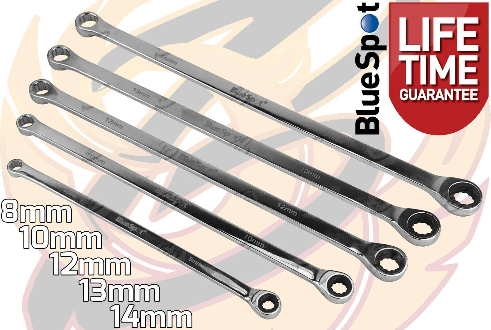 BlueSpot 10 Piece Single Ring Extra Long Ratchet Aviation Spanners 8mm - 19mm 04307