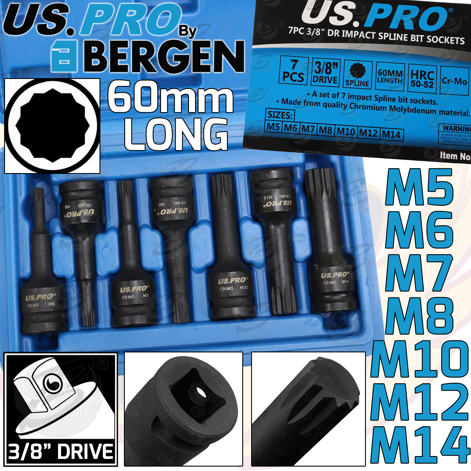 US Pro 7 Piece 3/8" Drive Impact Spline Bit Sockets M5 - M14 3991