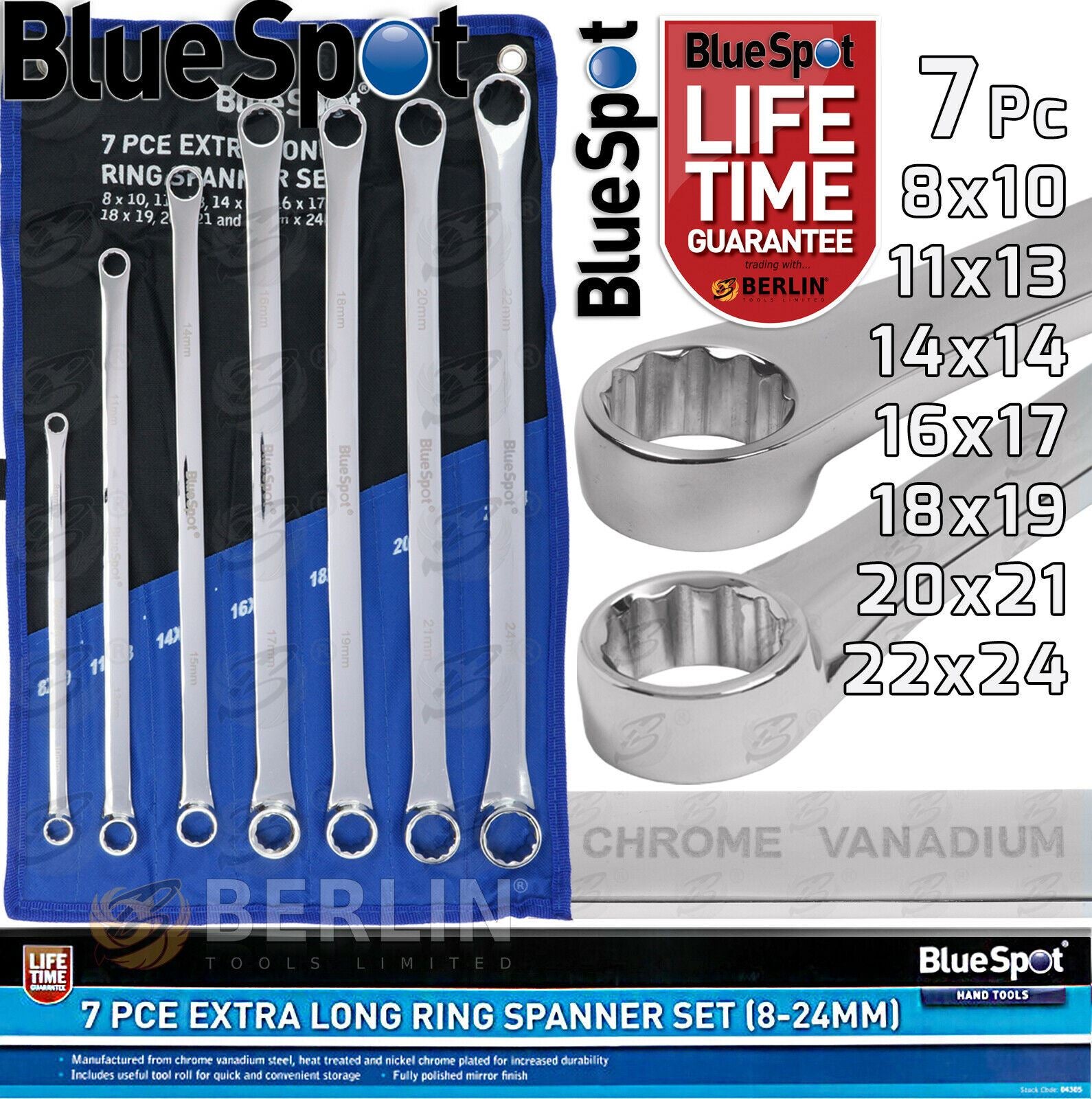 BLUESPOT 7PCS EXTRA LONG AVIATIONS SPANNERS 8MM - 24MM
