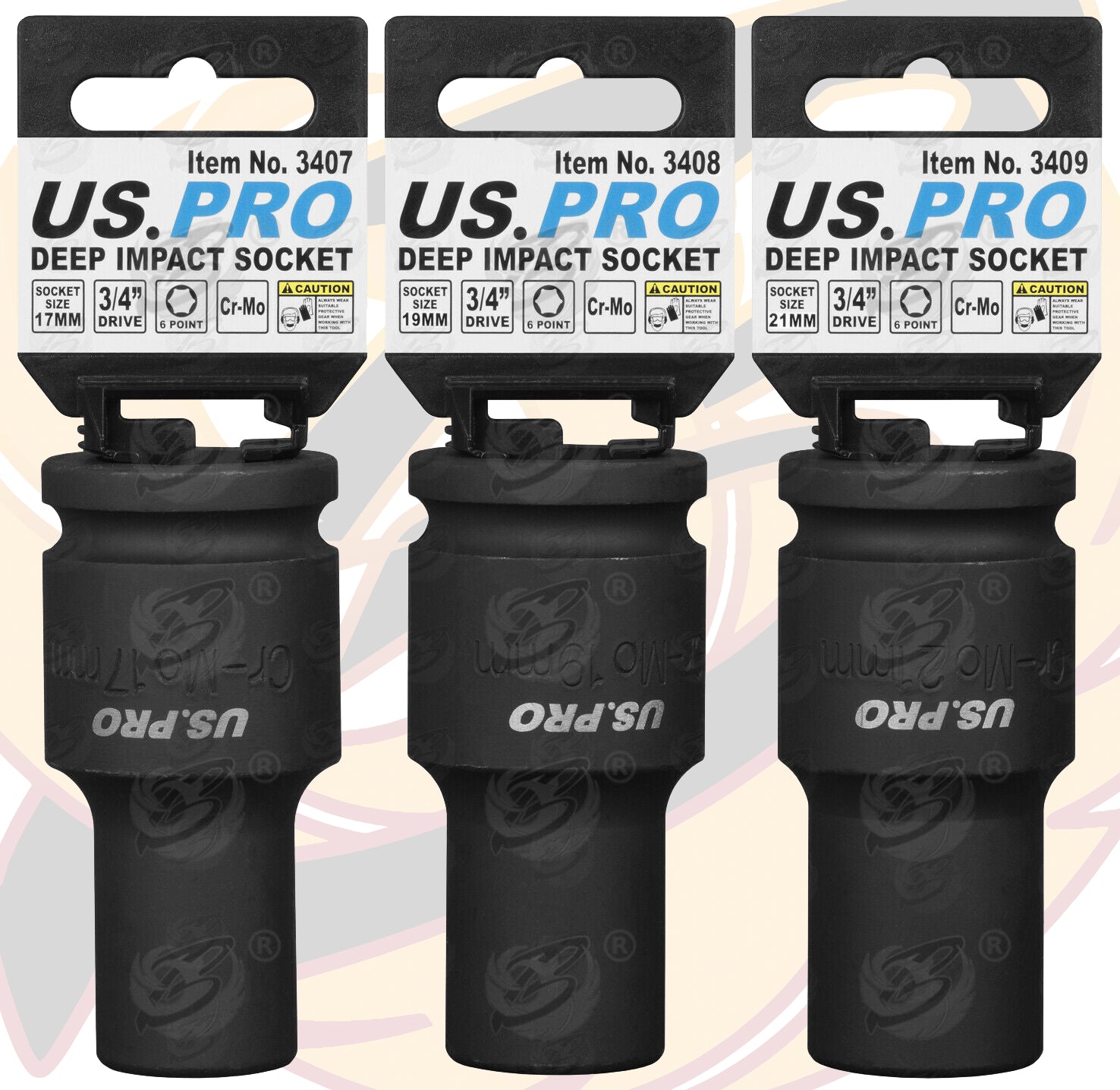 US PRO 3/4" DRIVE AIR IMPACT WRENCH 2500Nm ( THE LEGEND ) & 17MM - 19MM - 21MM DEEP IMPACT SOCKETS