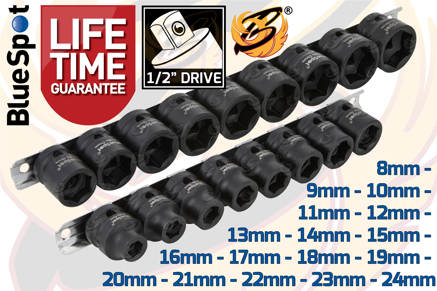 BlueSpot 17 Piece Metric 1/2" Low Profile Impact Sockets (8-24mm) ( 01602 )