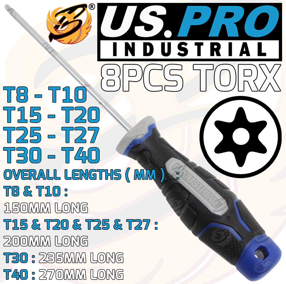 US Pro Industrial 8 Piece Magnetic Tamper Proof Torx Screwdriver Set T8 - T40 4614