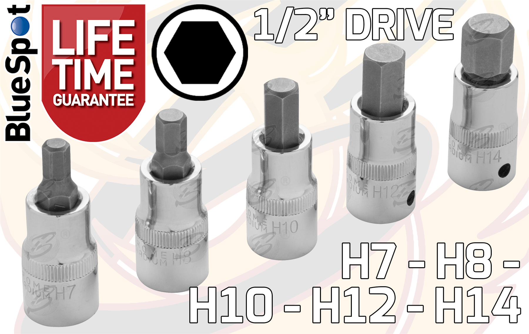 BlueSpot 5 Piece 1/2" Drive Hex Bit Sockets ( H7 - H14 ) ( 01507 )