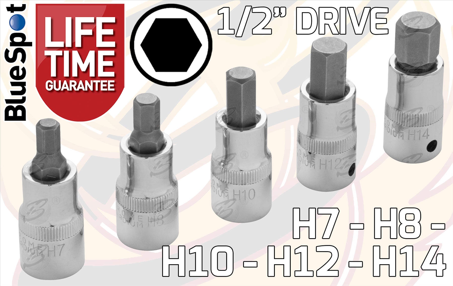 BLUESPOT 5PCS 1/2" DRIVE HEX BIT SOCKETS ( H7 - H14 )