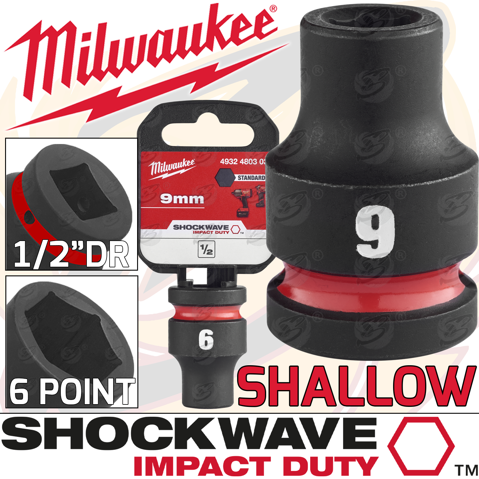 Milwaukee 9mm 1/2" Drive 6 Point Shallow Impact Socket ( Single ) ( 4932480303 )