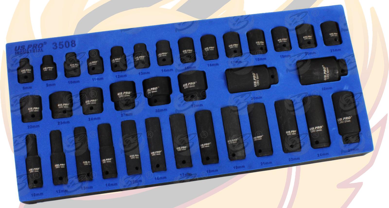 US PRO 35PCS 1/2" DRIVE 6 POINT DEEP & SHALLOW IMPACT SOCKETS 8MM - 32MM