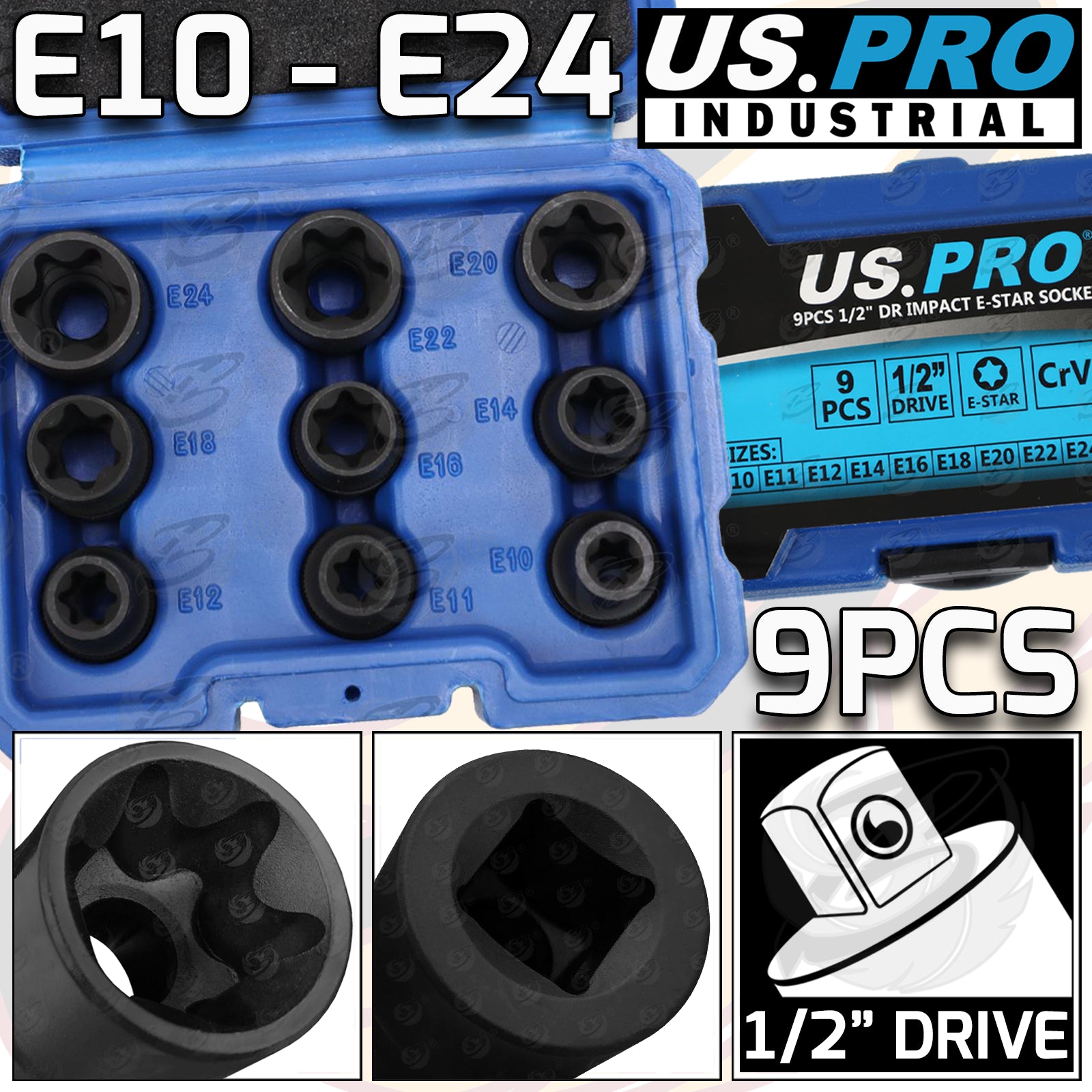 US PRO 9PCS 1/2" DR IMPACT E - TORX SOCKETS E10 - E24