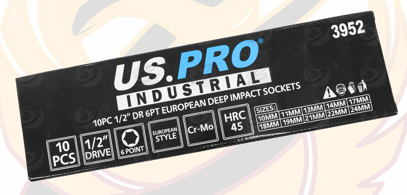 US PRO INDUSTRIAL 10PCS 1/2" DRIVE 6 POINT DEEP IMPACT SOCKETS 10MM - 24MM