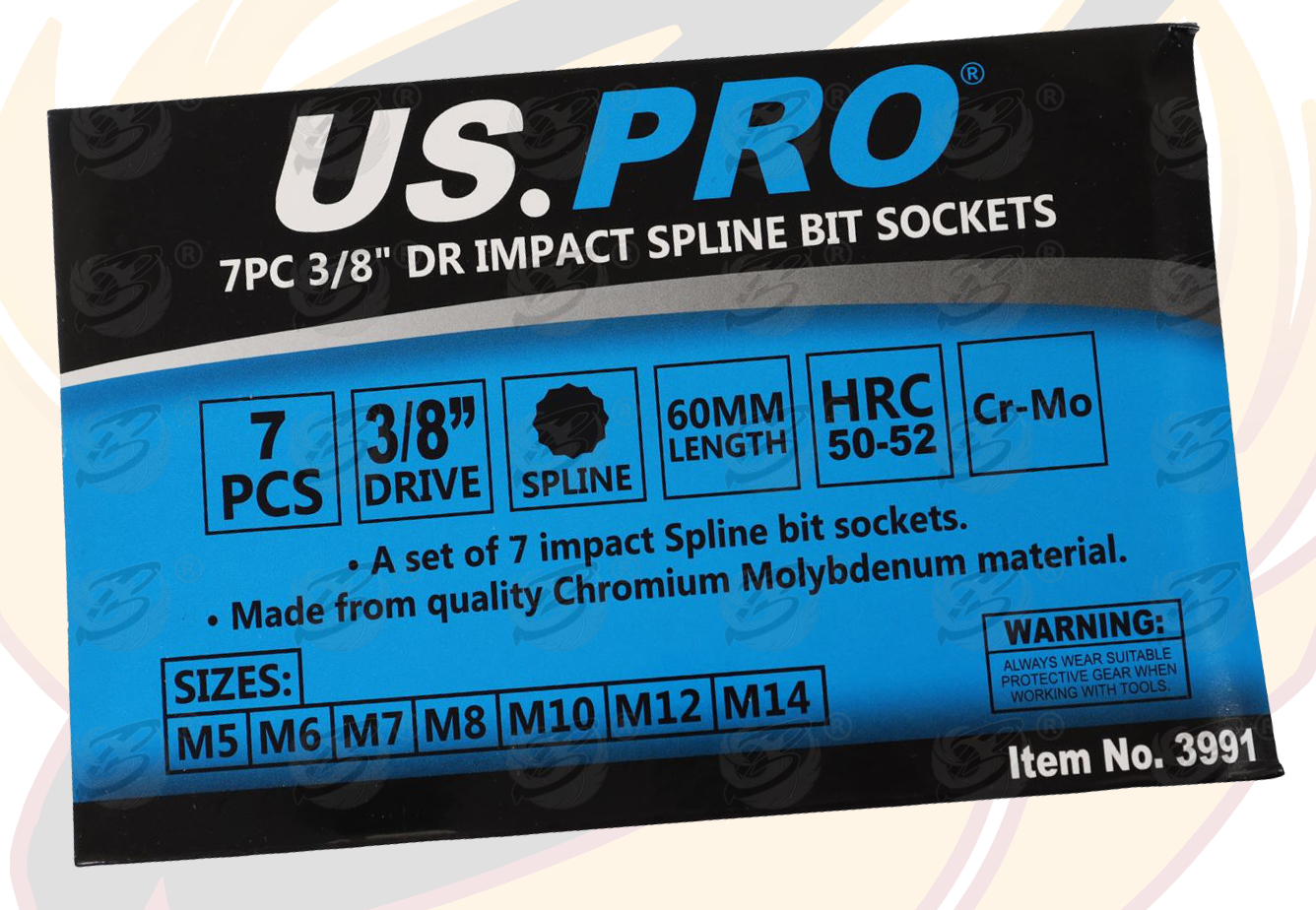 US Pro 7 Piece 3/8" Drive Impact Spline Bit Sockets M5 - M14 3991
