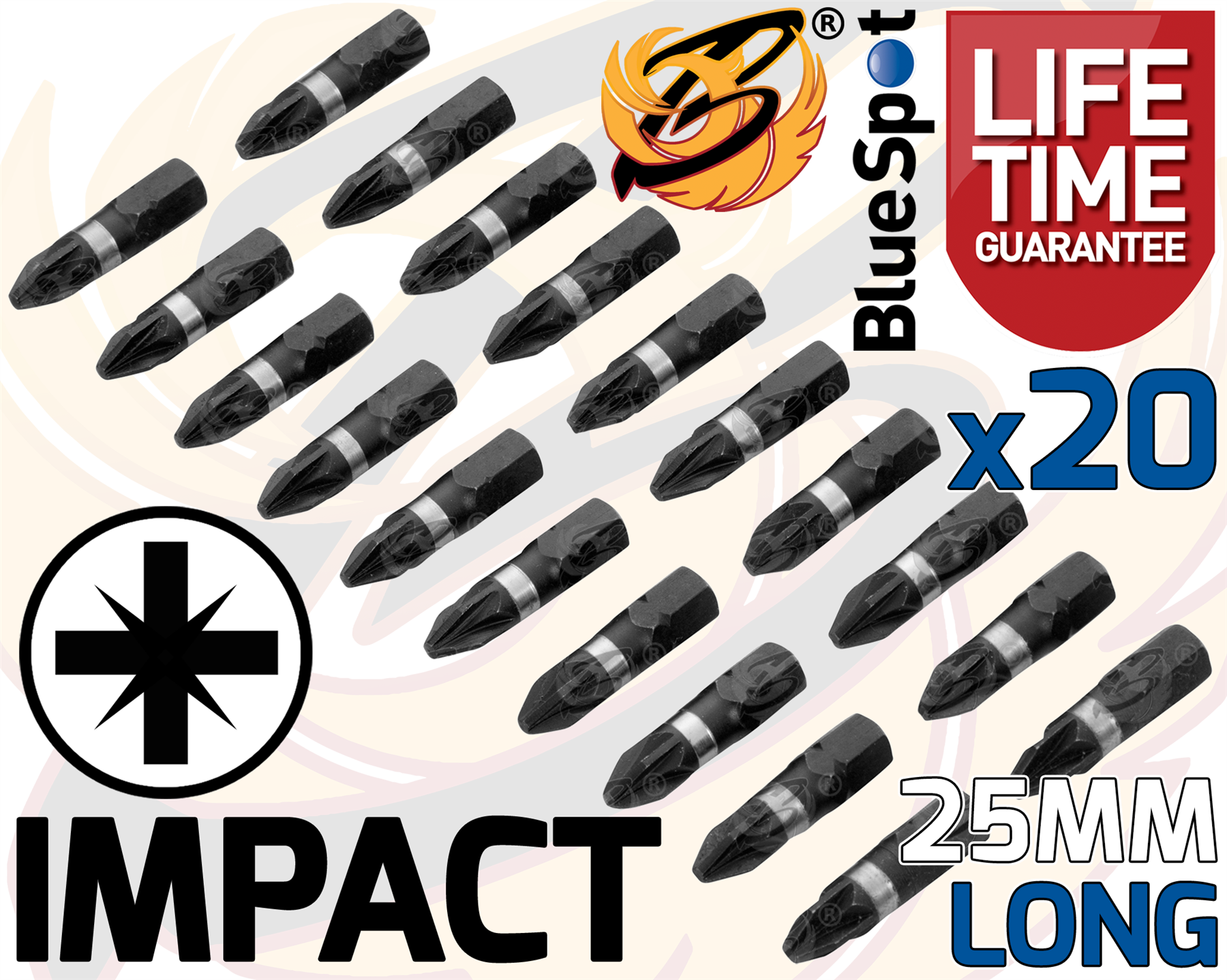 BlueSpot 20 Piece x PZ2 x 25mm Impact Drill / Driver Bits ( 14121 )