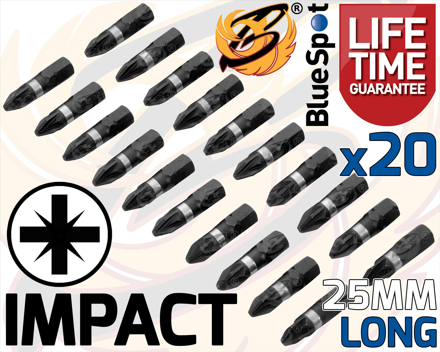 BLUESPOT 20PCS x PZ2 x 25mm IMPACT DRILL / DRIVER BITS