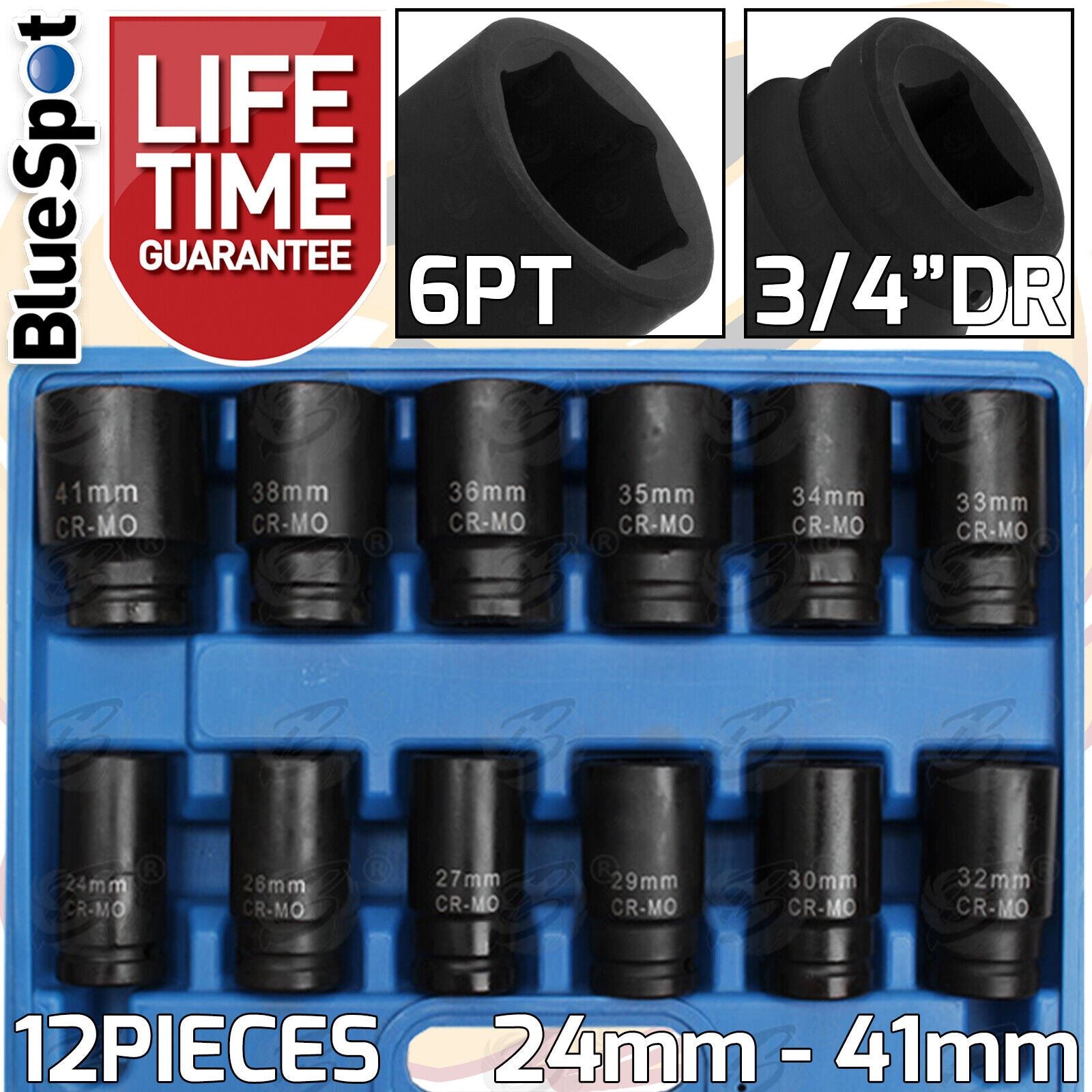 BLUESPOT 12PCS 3/4" DRIVE 6 POINT DEEP IMPACT SOCKETS 24MM - 41MM