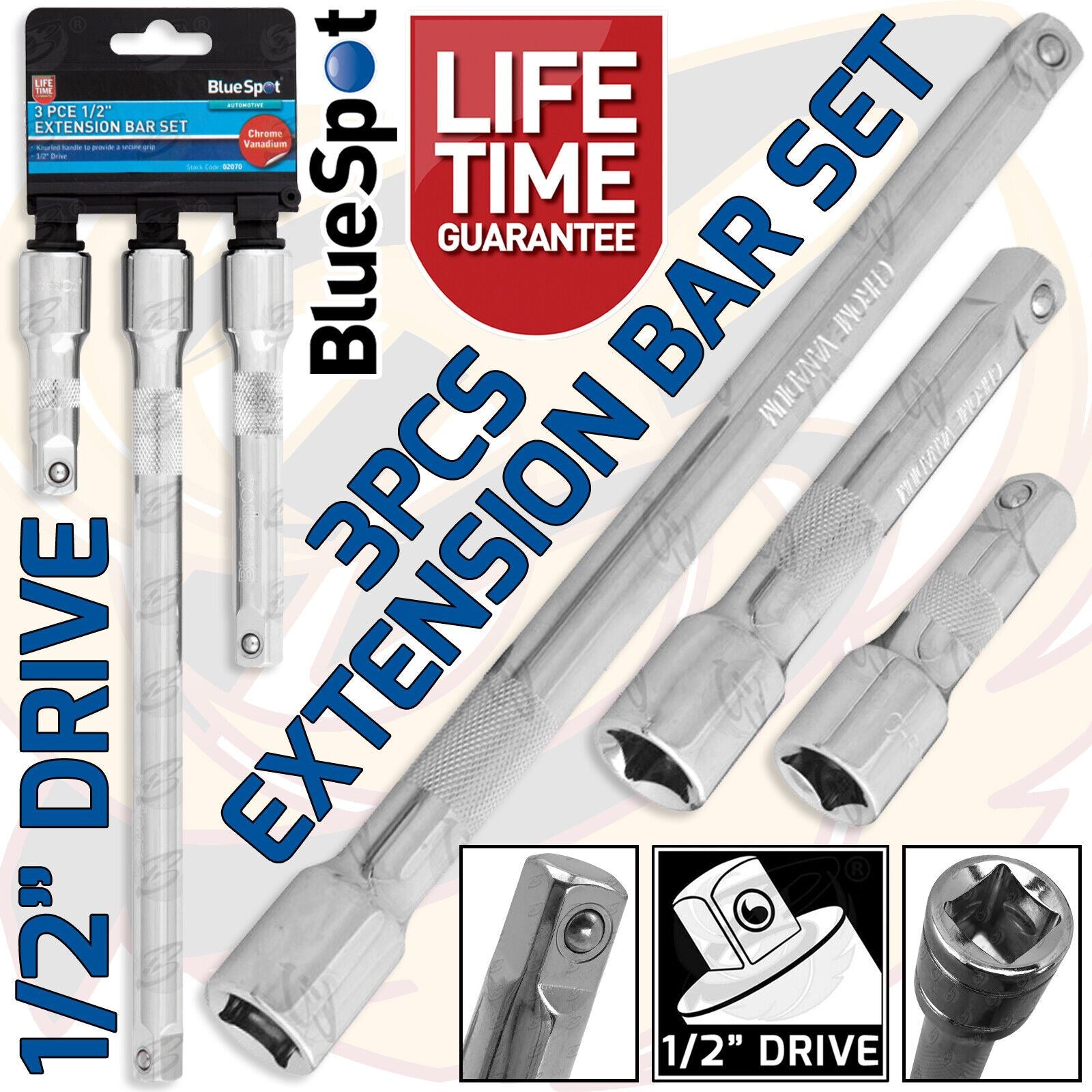 BLUESPOT 3PCS 1/2" DRIVE EXTRA LONG EXTENSION BARS 75MM - 250MM