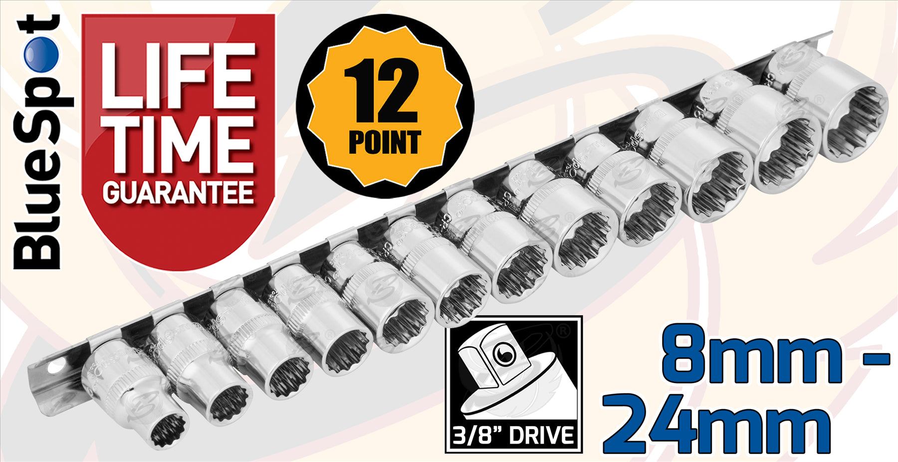 BLUESPOT 12PCS 3/8" DRIVE 12 POINT SHALLOW SOCKETS 8MM - 19MM