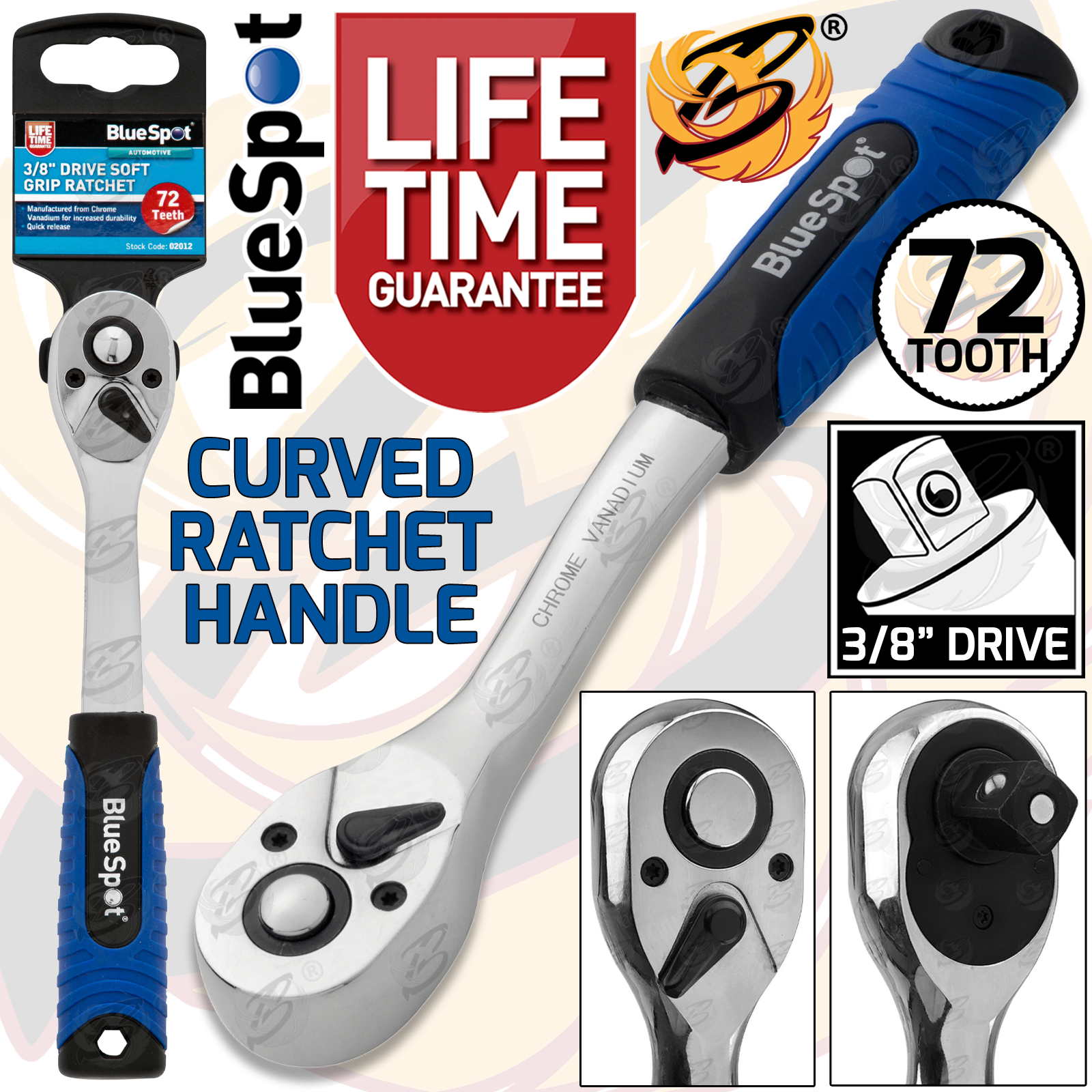 BlueSpot 3/8" Drive 72 Tooth Soft Grip Curved Ratchet Handle ( 02012 )