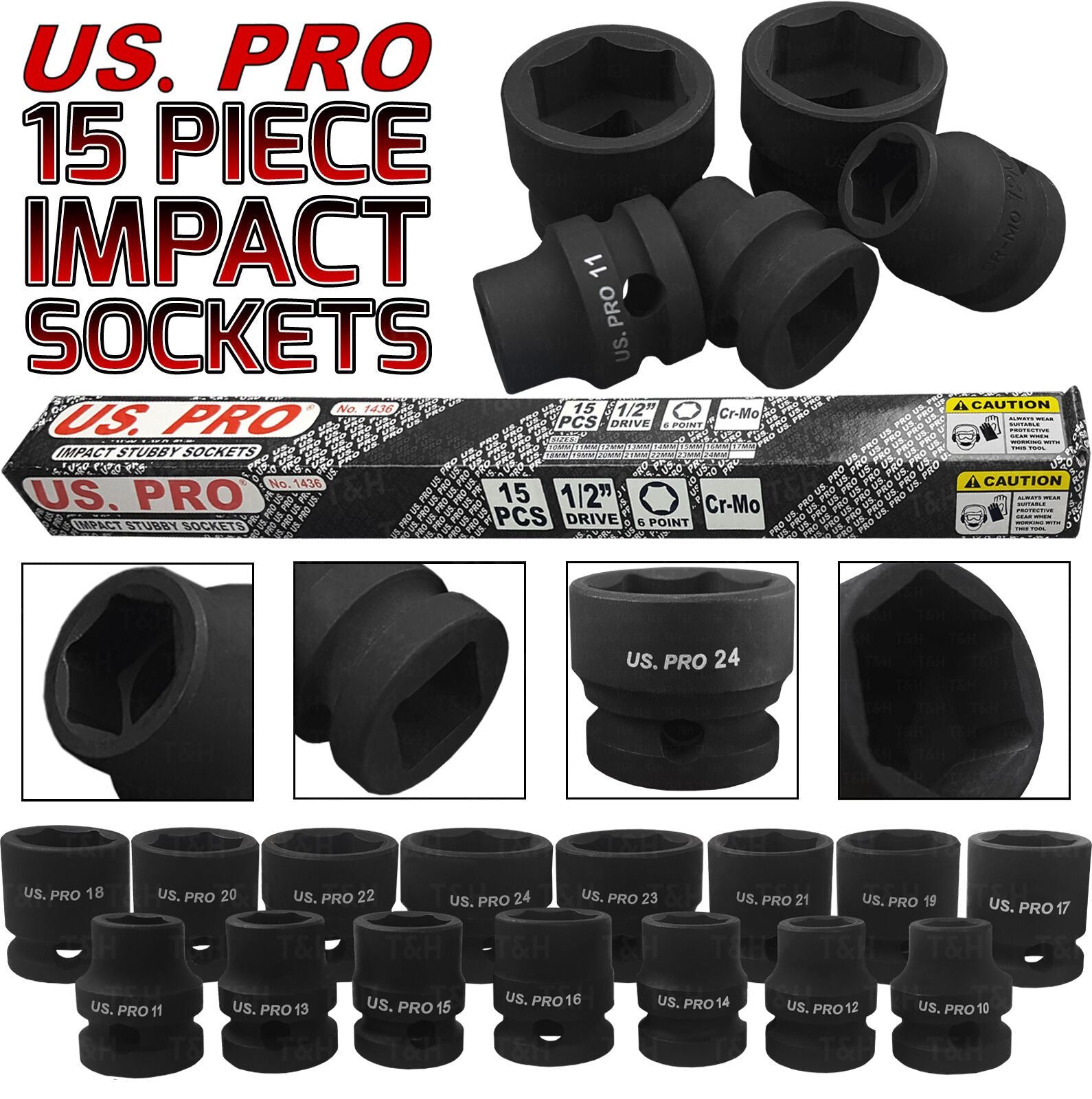 US PRO 15PCS 1/2" DRIVE 6 POINT SHALLOW IMPACT SOCKETS 10MM - 24MM