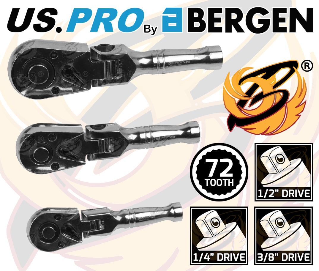 US PRO 3PC STUBBY FLEXI HEAD RATCHET SET 1/4" - 3/8" - 1/2"