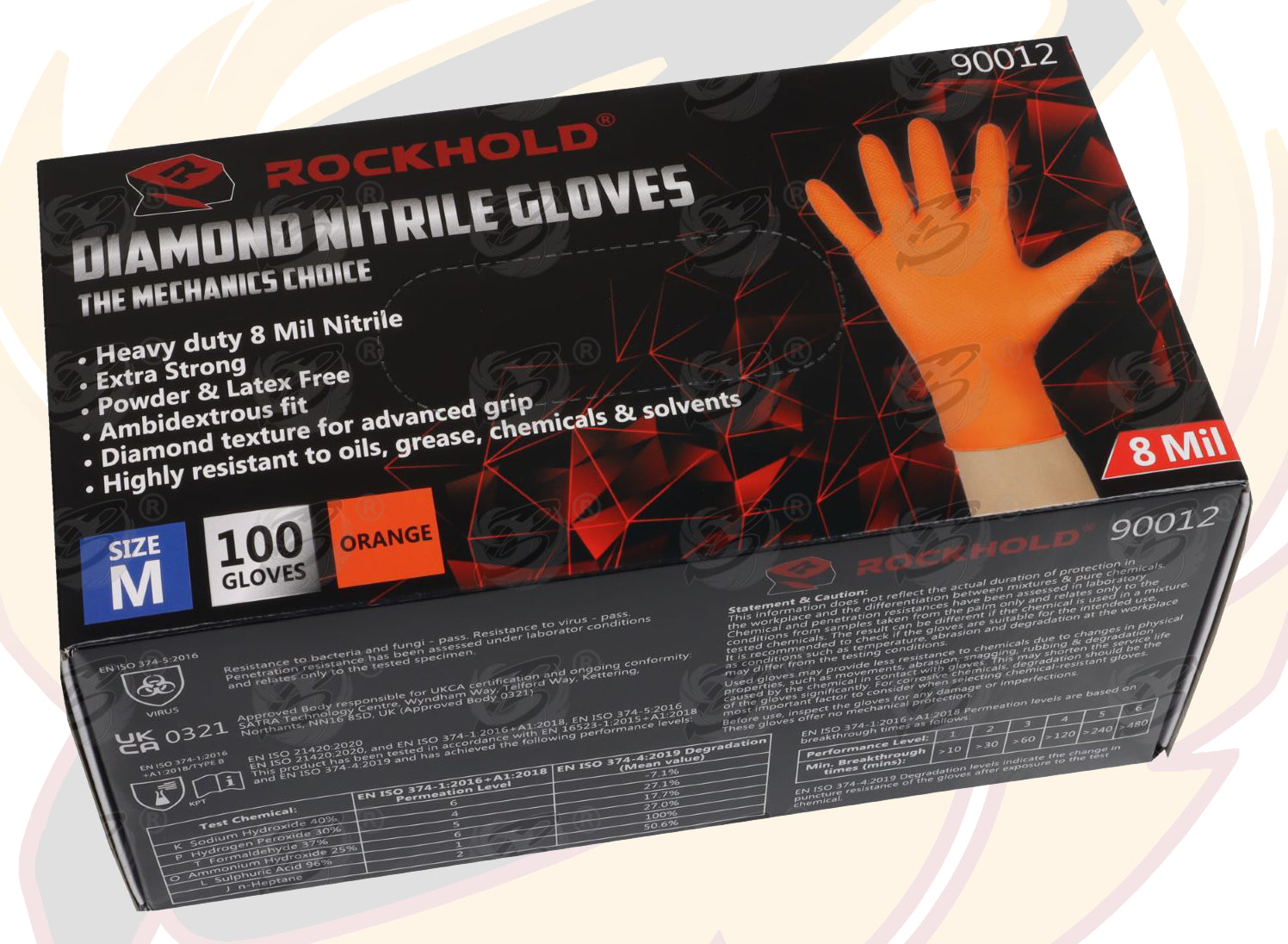 ROCKHOLD HEAVY DUTY ORANGE 8 MIL NITRILE DIAMOND GRIP GLOVES ( MEDIUM - 100 GLOVES )