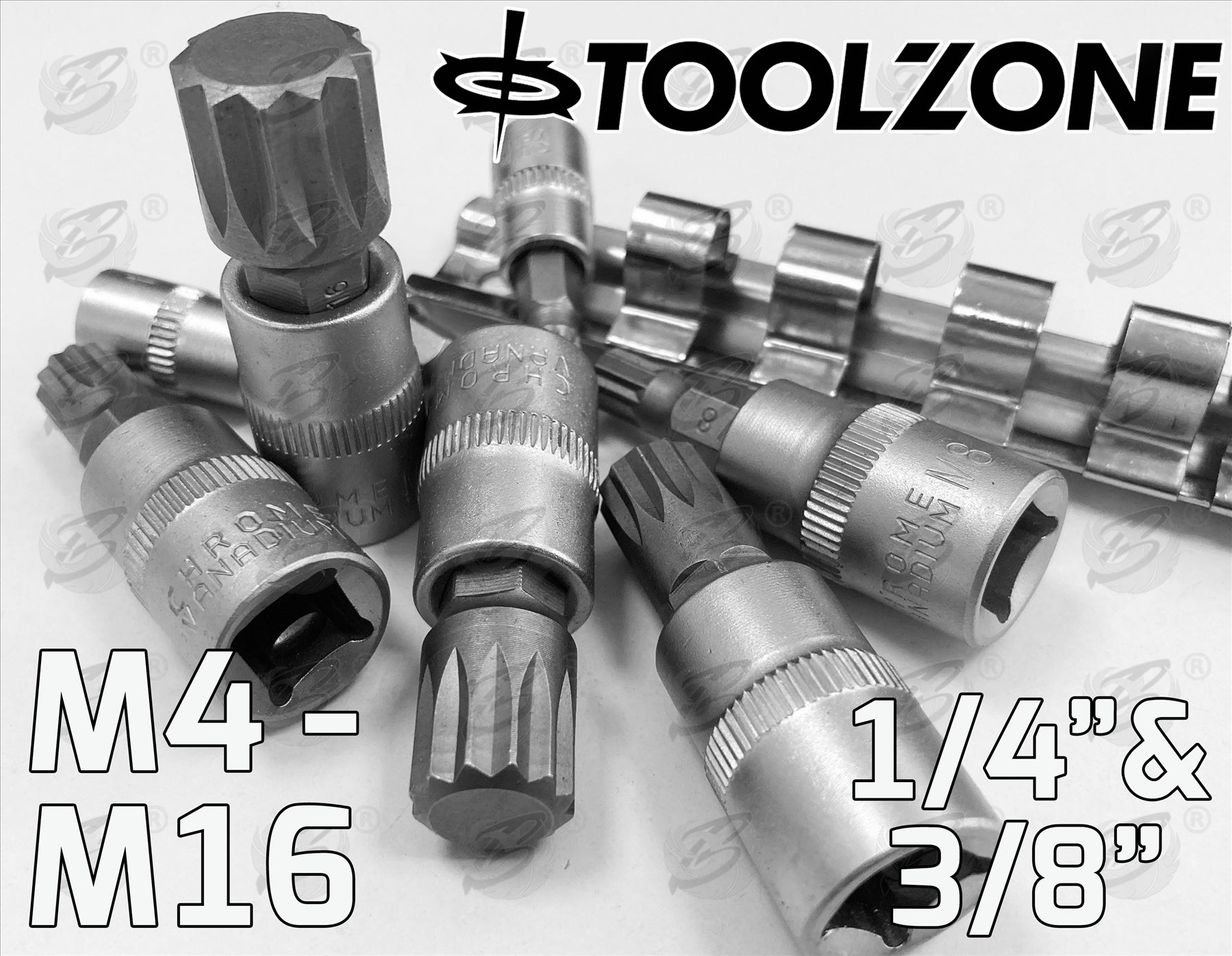 TOOLZONE 8PCS 1/4" & 3/8" DRIVE SPLINE BIT SOCKETS M4 - M16