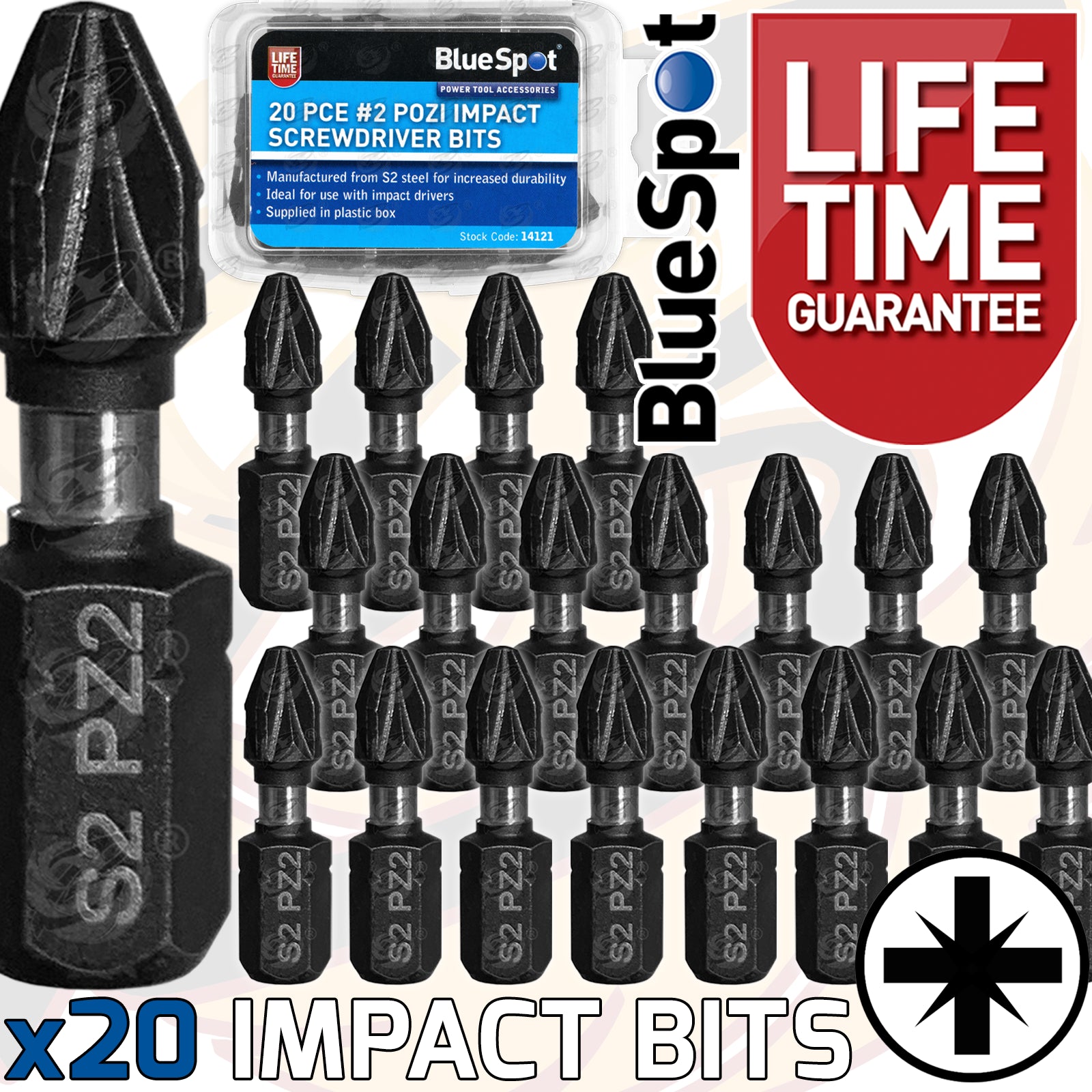 BLUESPOT 20PCS x PZ2 x 25mm IMPACT DRILL / DRIVER BITS