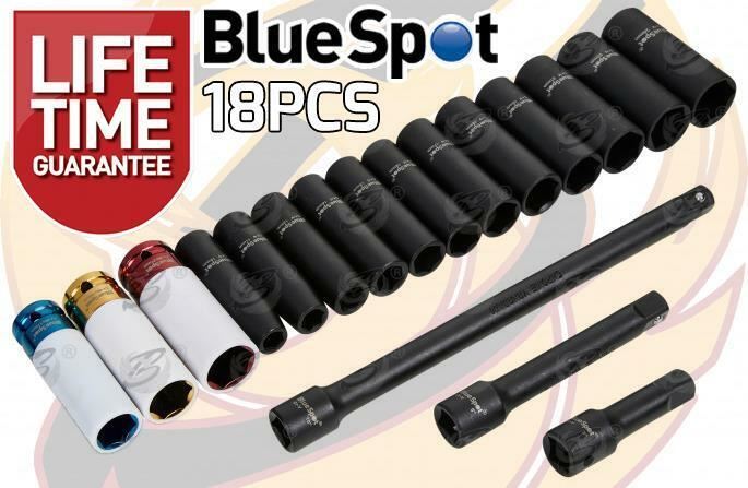 BLUESPOT 18PCS 1/2" DRIVE 6 POINT DEEP IMPACT SOCKETS & EXTENSIONS 10MM - 24MM