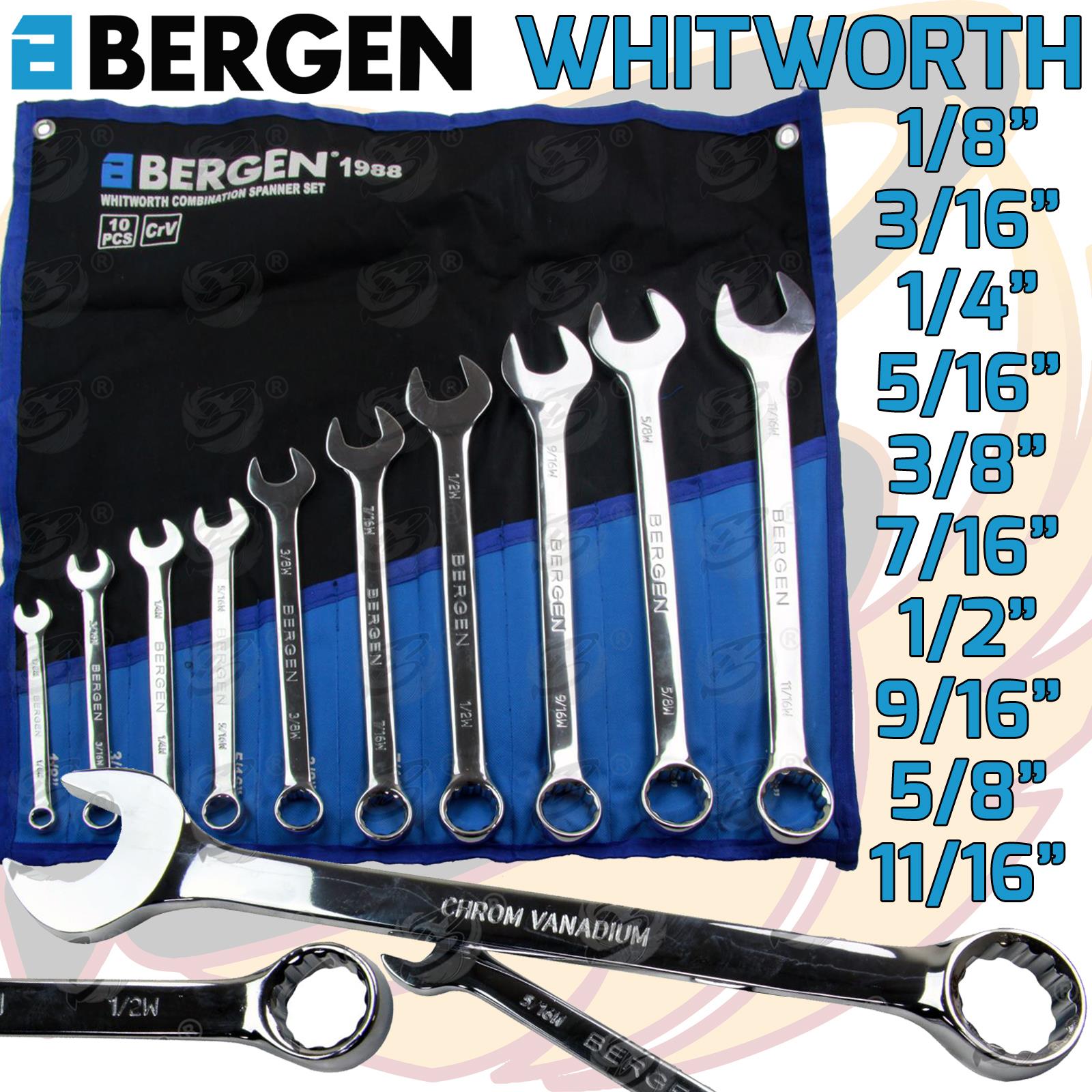 BERGEN 10PCS WHITWORTH COMBINATION SPANNERS 1/8" - 11/16"