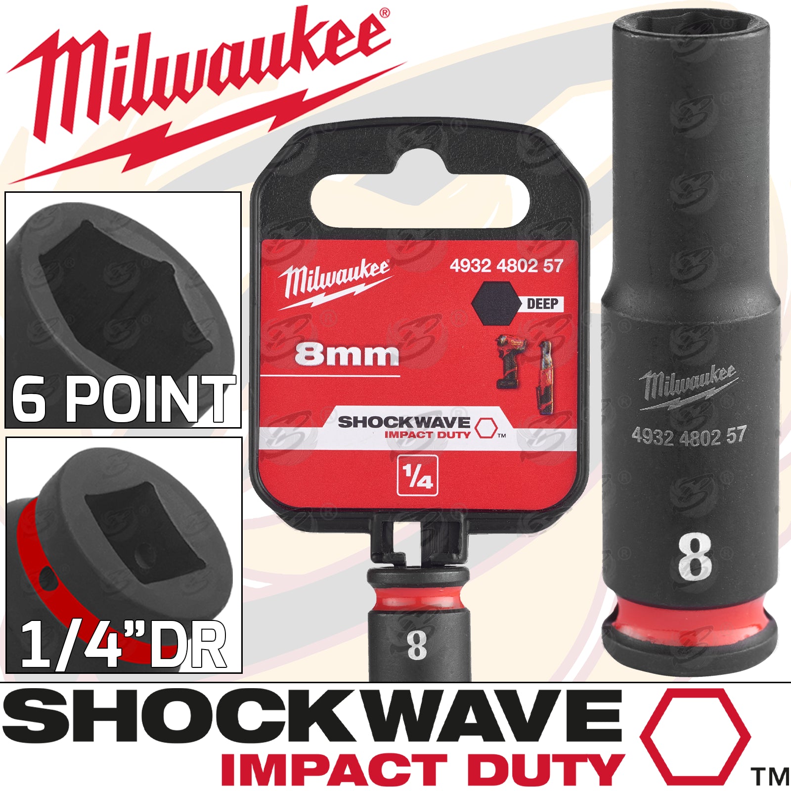 MILWAUKEE 8MM 1/4" DRIVE 6 POINT DEEP IMPACT SOCKET ( SINGLE )