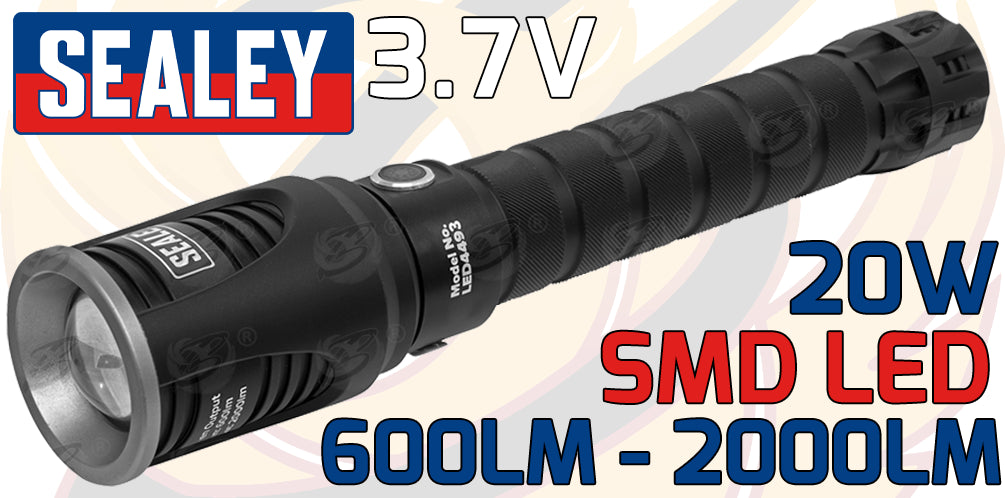 SEALEY RECHARGEABLE LI - ION SMD LED TORCH 20W 600LM - 2000LM