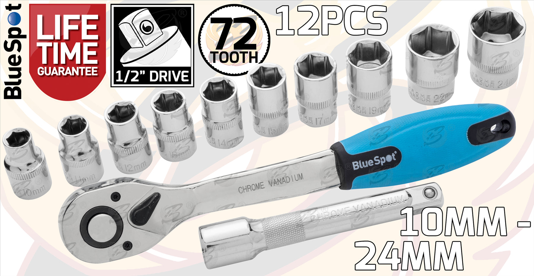BLUESPOT 36PCS 1/4" & 3/8" & 1/2" DRIVE 6 POINT SHALLOW SOCKET SET 4MM - 24MM