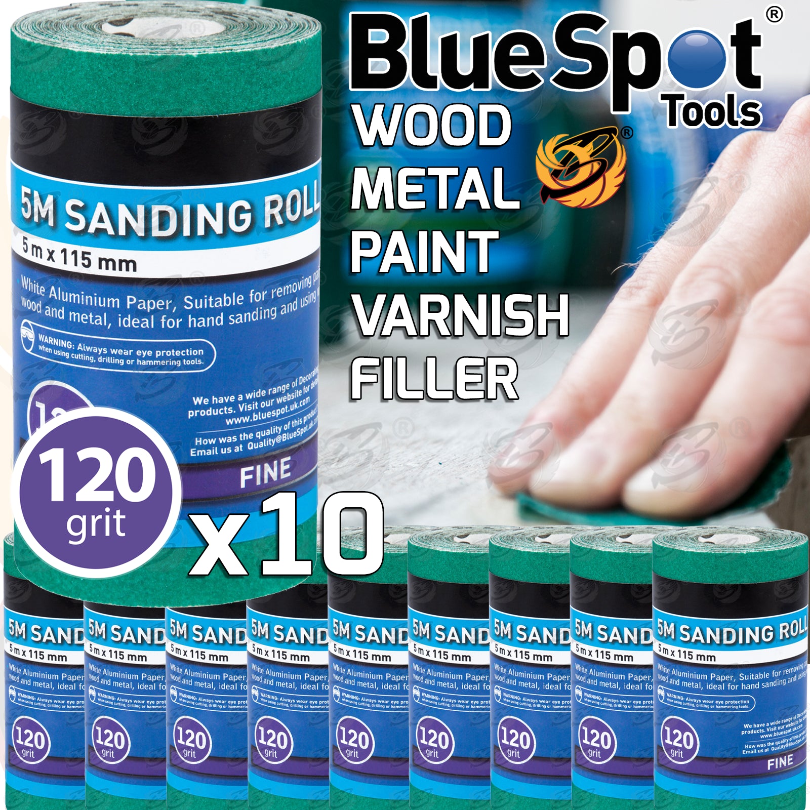 BLUESPOT 120 GRIT SANDING ROLL ( 5M x 115MM ) ( 8 ROLLS )
