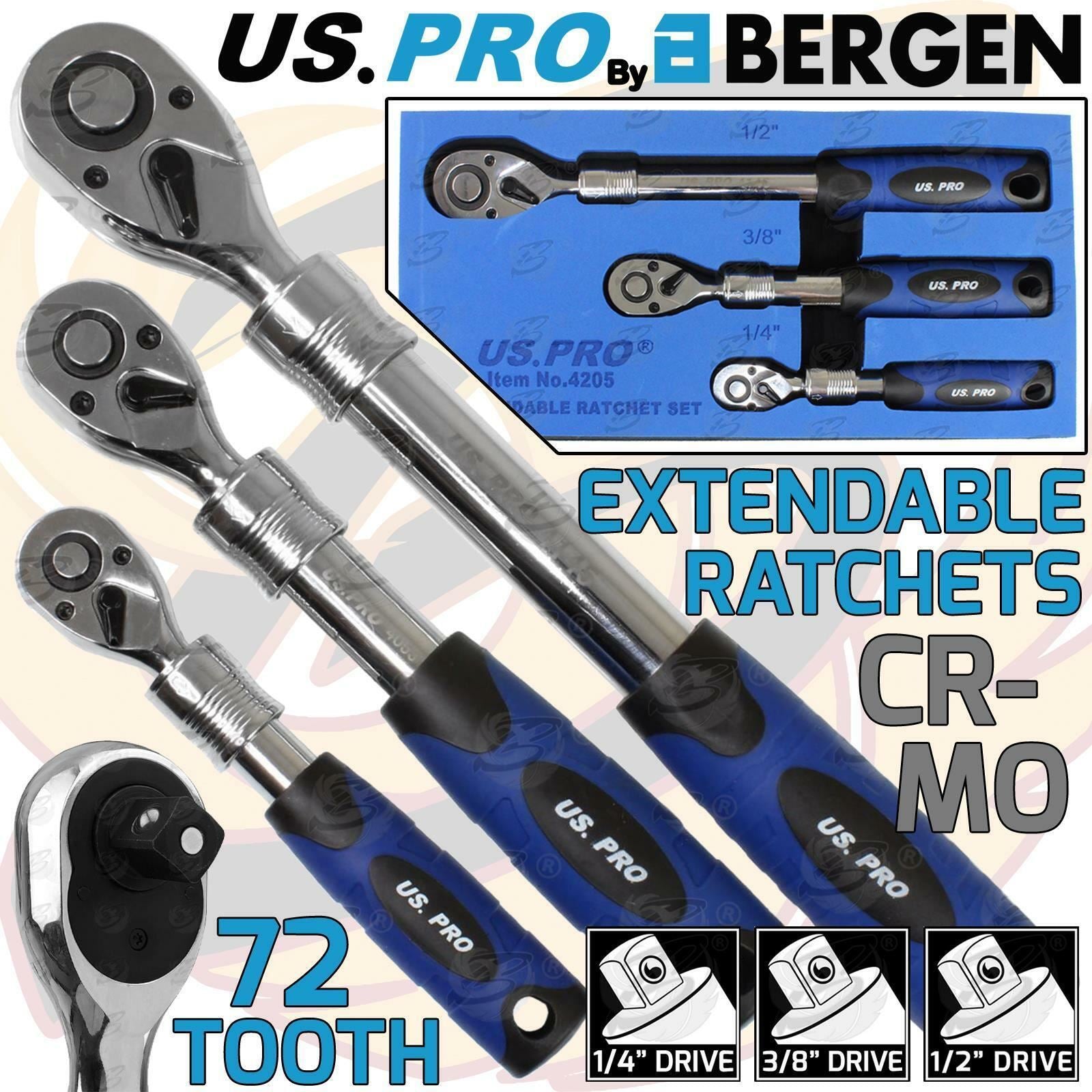 US PRO 3PCS 1/4" & 3/8" & 1/2" DRIVE 72 TOOTH EXTENDABLE RATCHET HANDLES