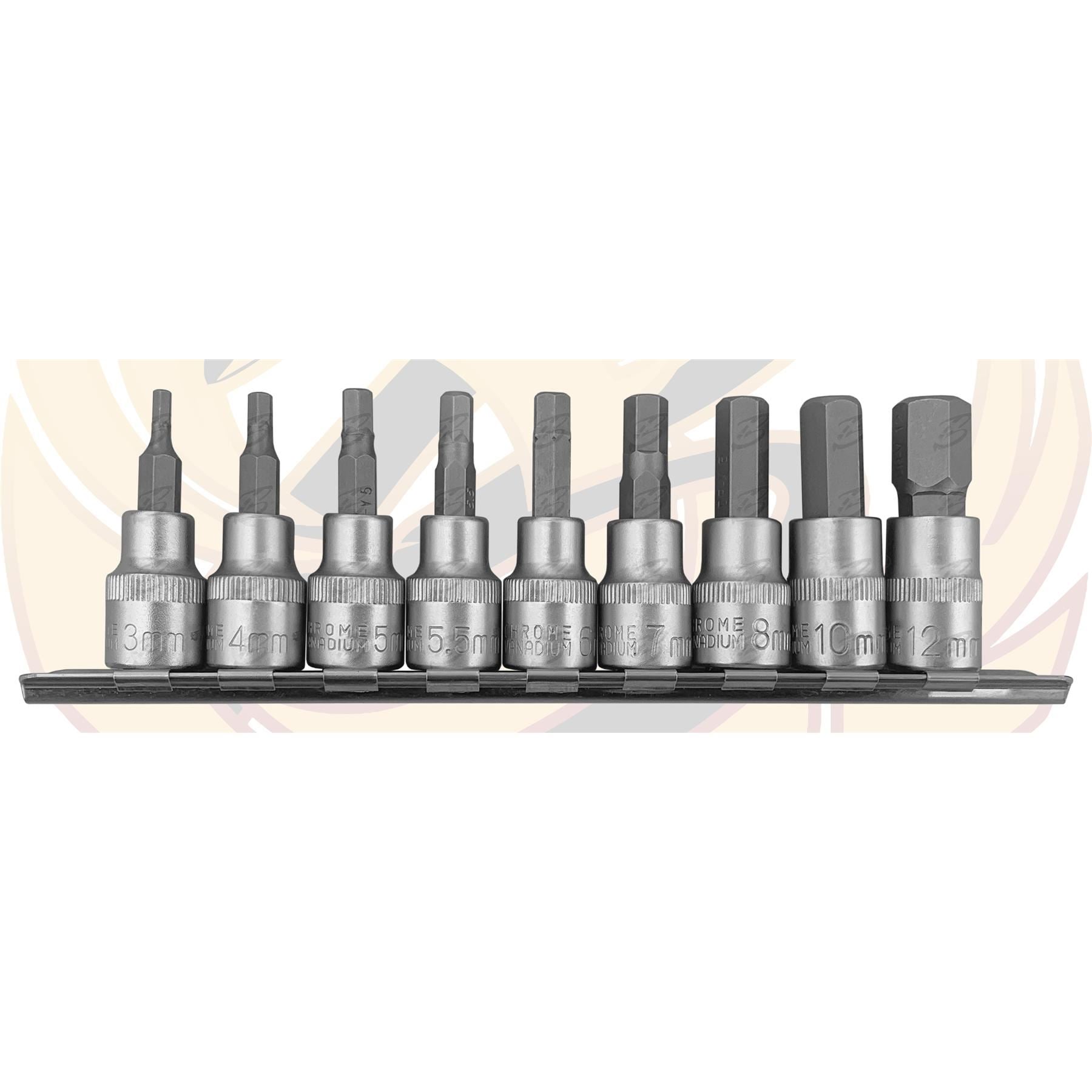 Berlin 9 Piece 3/8" Drive Hex Bit Sockets H3 - H12 ( BER012 )